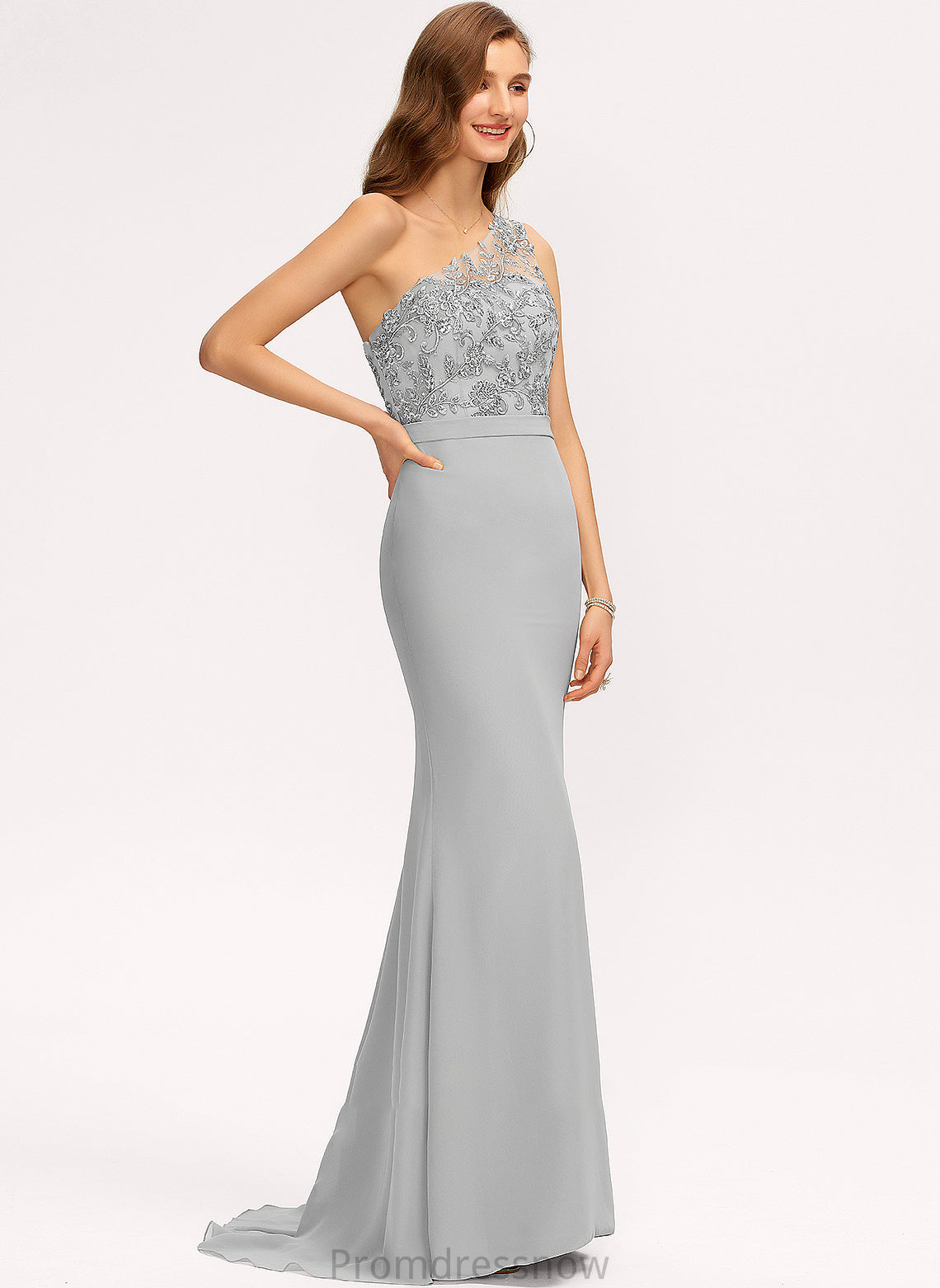 Fabric SweepTrain One-Shoulder Straps Neckline Length Silhouette Trumpet/Mermaid Lace Quinn Sleeveless V-Neck Bridesmaid Dresses