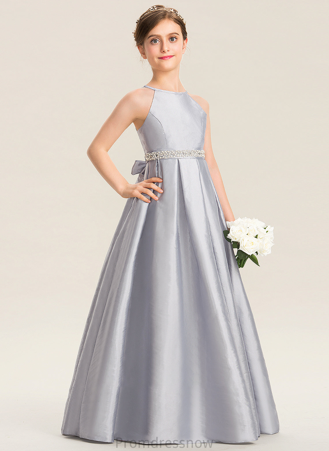 With Beading Junior Bridesmaid Dresses Neck A-Line Taffeta Scoop Floor-Length Aliya Bow(s)