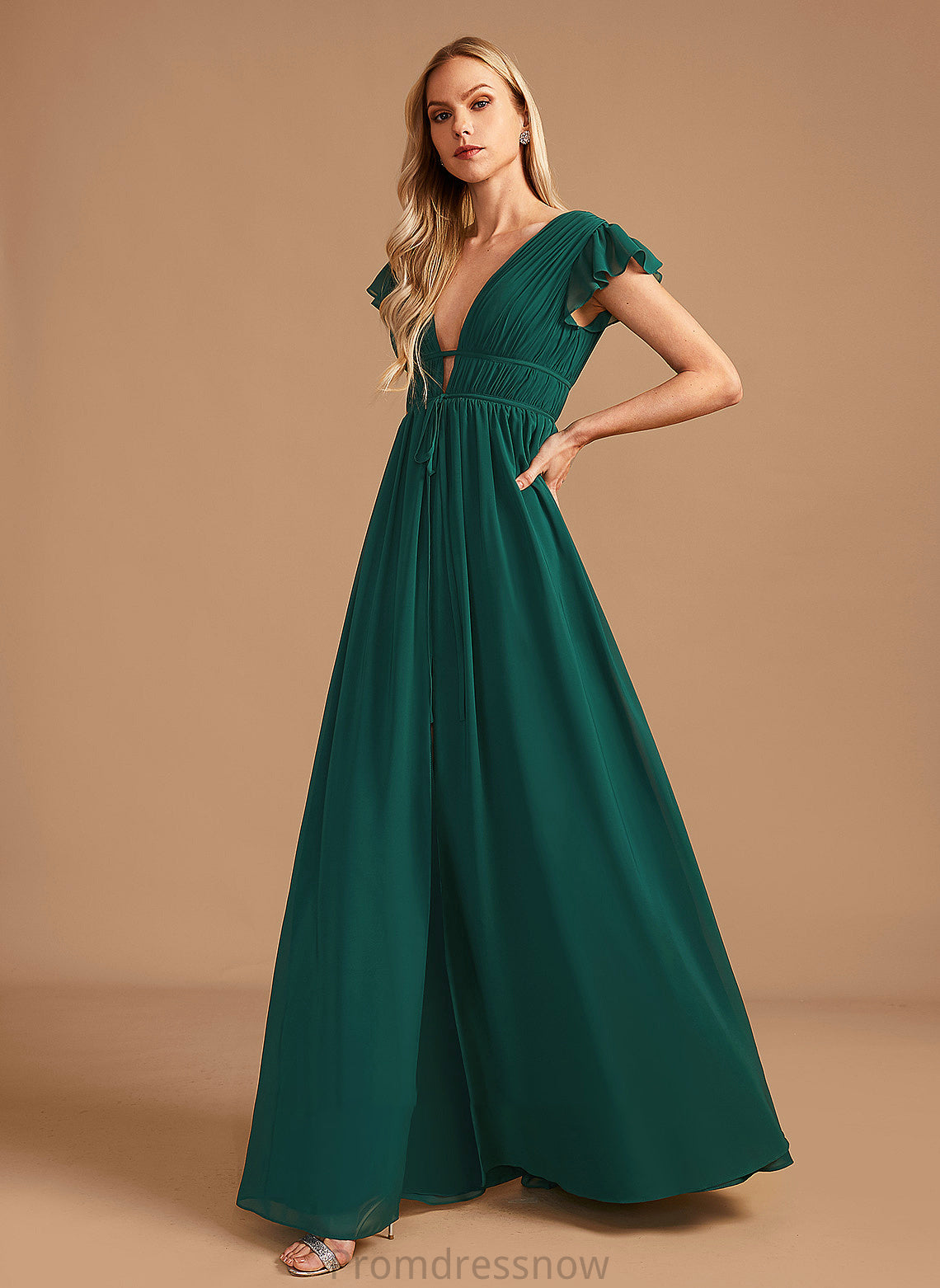 SplitFront A-Line Neckline Length V-neck Fabric Embellishment Floor-Length Silhouette Kinley Sleeveless Natural Waist Bridesmaid Dresses