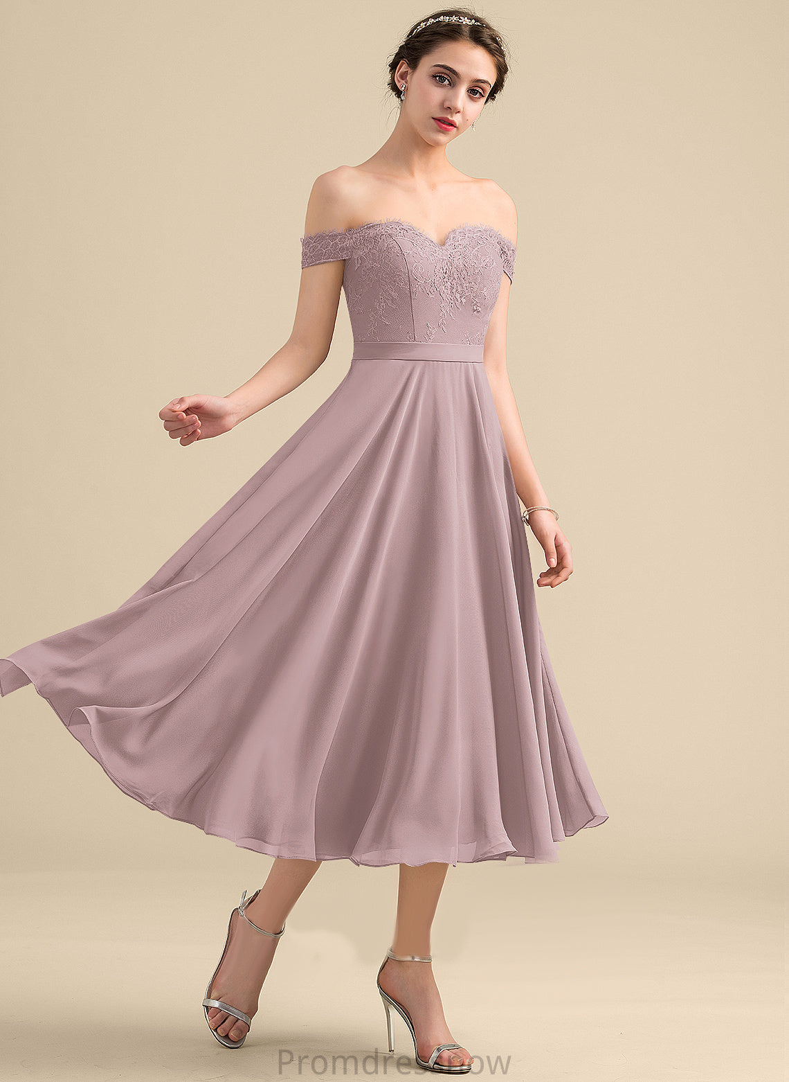 With A-Line Lace Tea-Length Beading Jemima Off-the-Shoulder Cocktail Dresses Cocktail Dress Chiffon