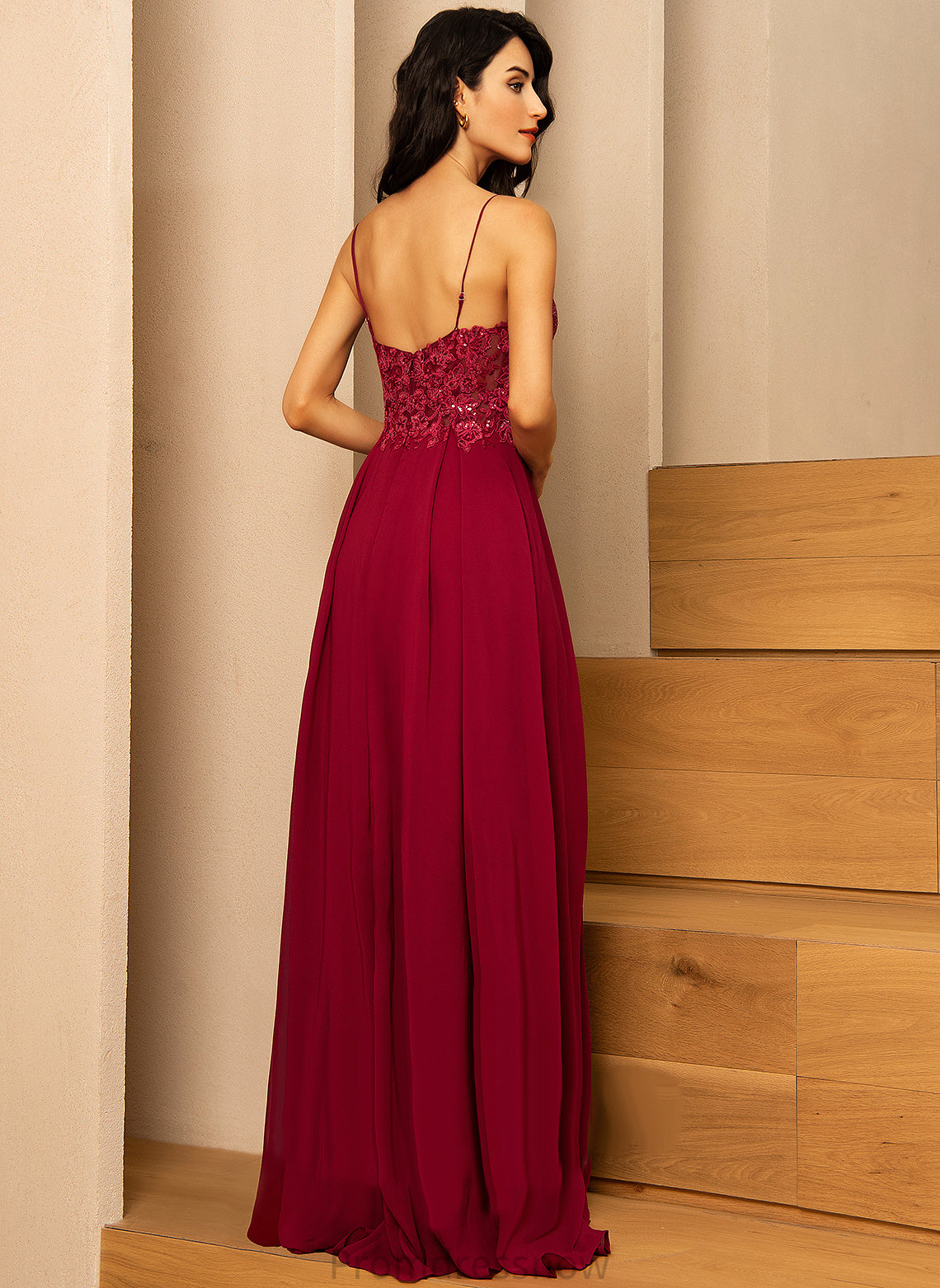 With Sequins V-neck Floor-Length Chiffon Mariam Prom Dresses A-Line