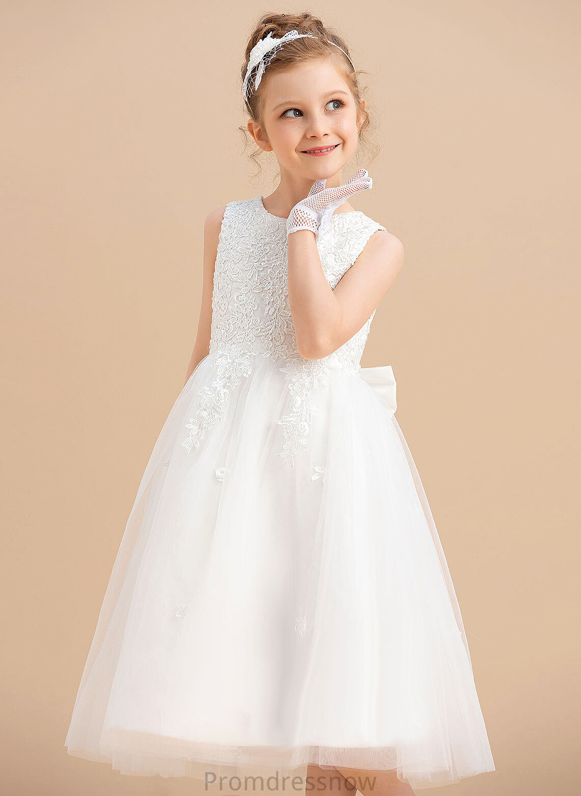 Tea-length Satin/Tulle Sleeveless Flower Girl Dresses Dress Bow(s) Neck Scoop With - Sam A-Line Flower Girl