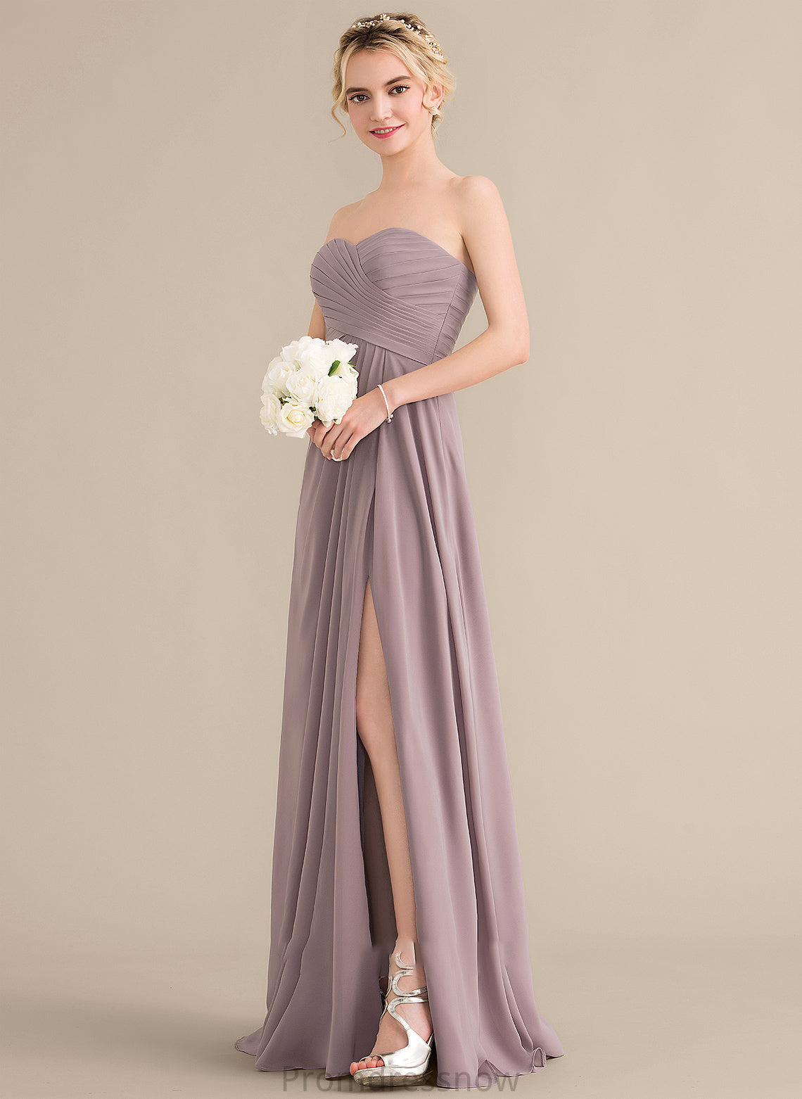 SplitFront A-Line Silhouette Neckline Sweetheart Fabric Length Ruffle Floor-Length Embellishment Ashlee Sleeveless Bridesmaid Dresses