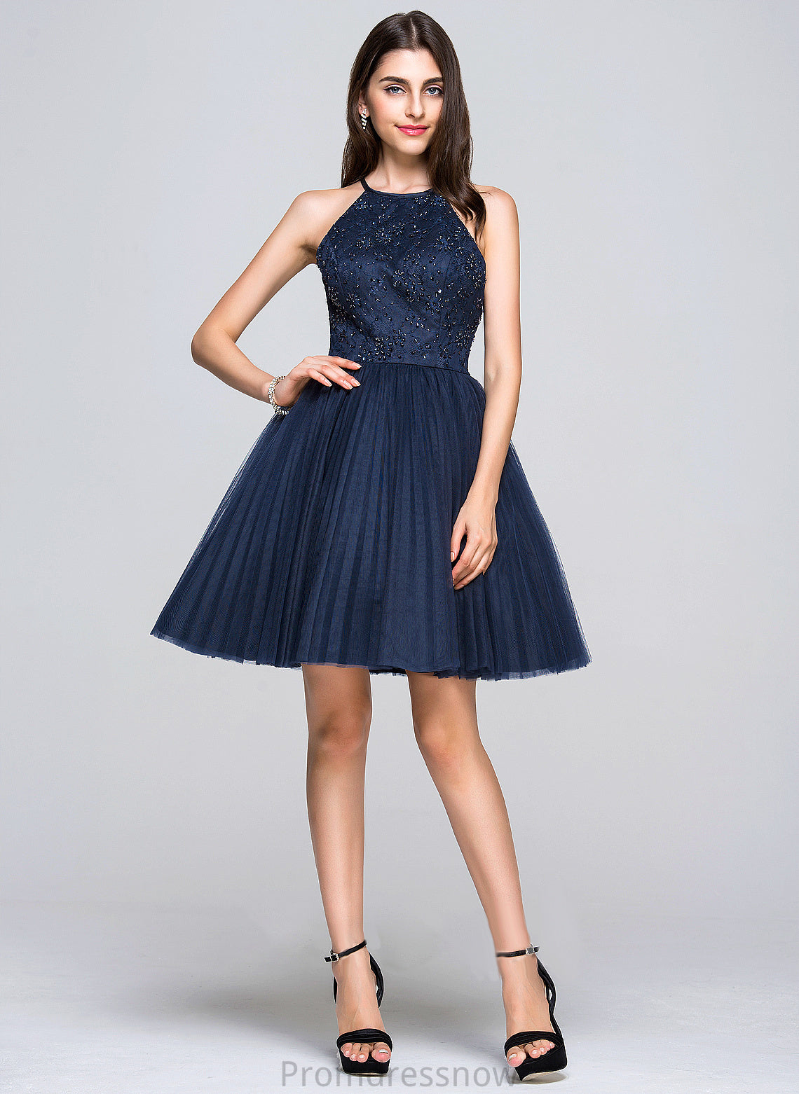 With Beading Bow(s) A-Line/Princess Neck Sydnee Pleated Prom Dresses Scoop Short/Mini Sequins