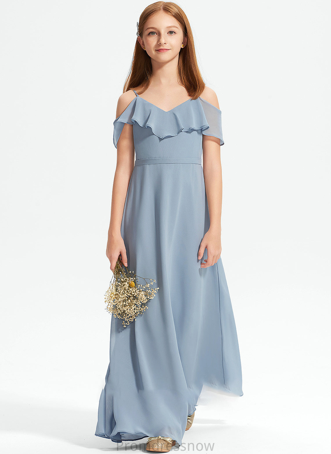 With Junior Bridesmaid Dresses A-Line Off-the-Shoulder Floor-Length Ruffles Chiffon Trinity