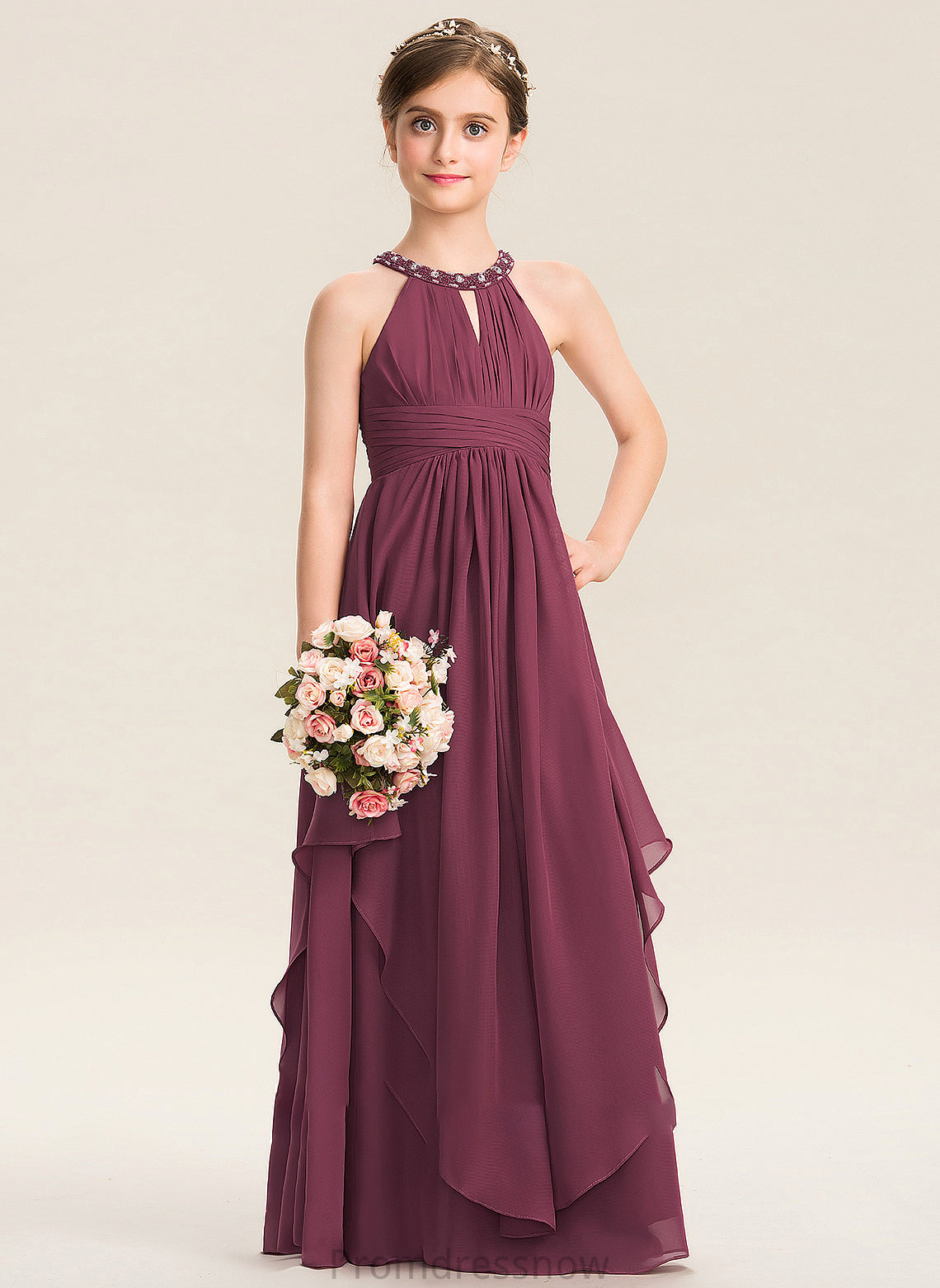 With Rachael Junior Bridesmaid Dresses Scoop A-Line Ruffle Beading Floor-Length Chiffon Neck