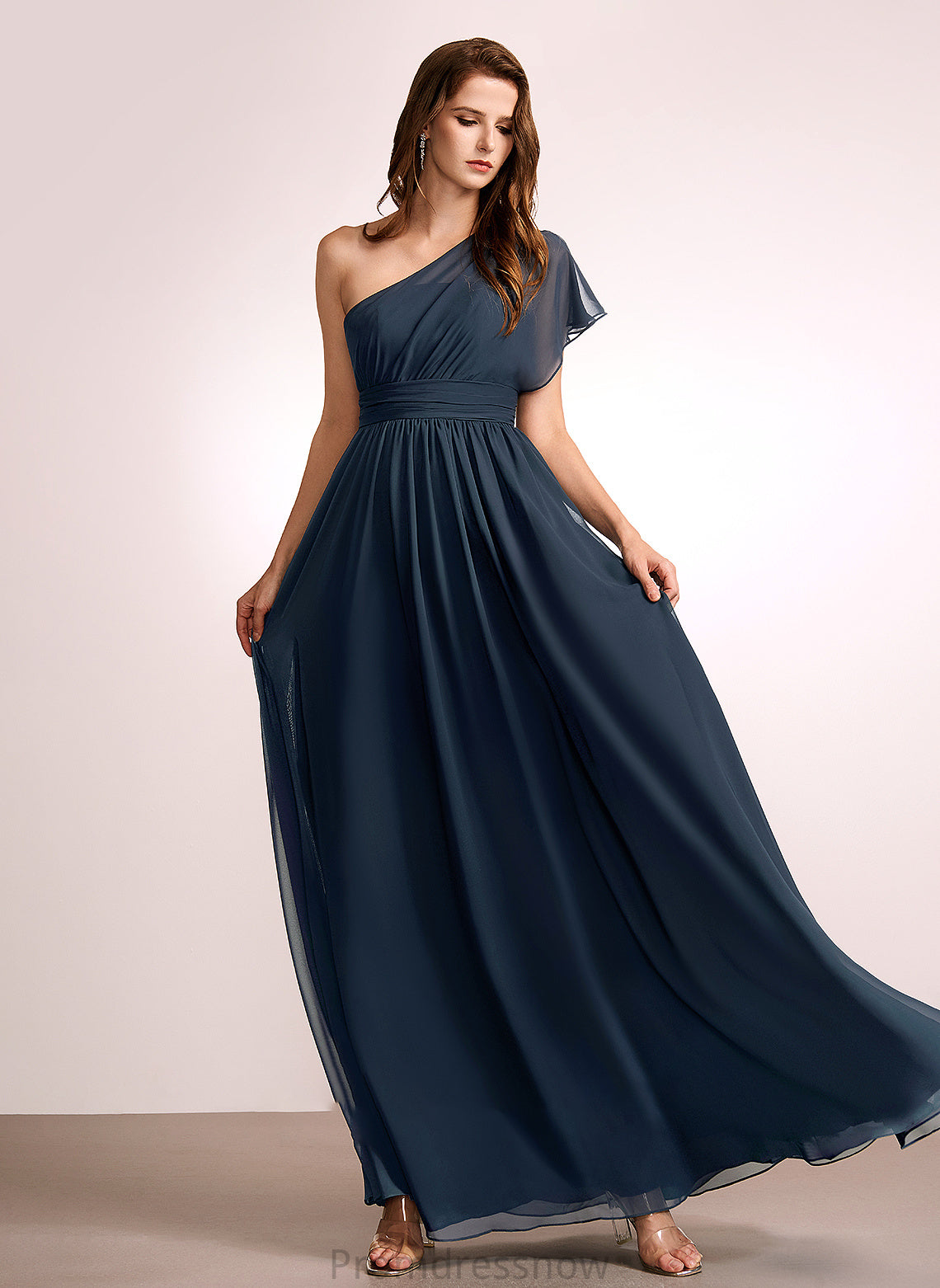 Ruffle One-Shoulder Silhouette Fabric Embellishment Neckline Length A-Line Floor-Length Hedda Natural Waist V-Neck Bridesmaid Dresses