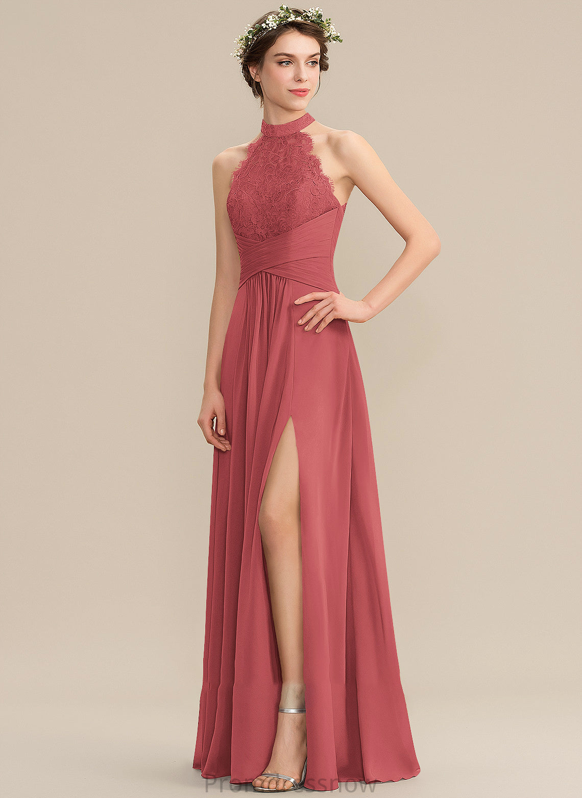 Floor-Length Fabric Ruffle SplitFront HighNeck Length Silhouette Neckline A-Line Embellishment Crystal Knee Length Bridesmaid Dresses