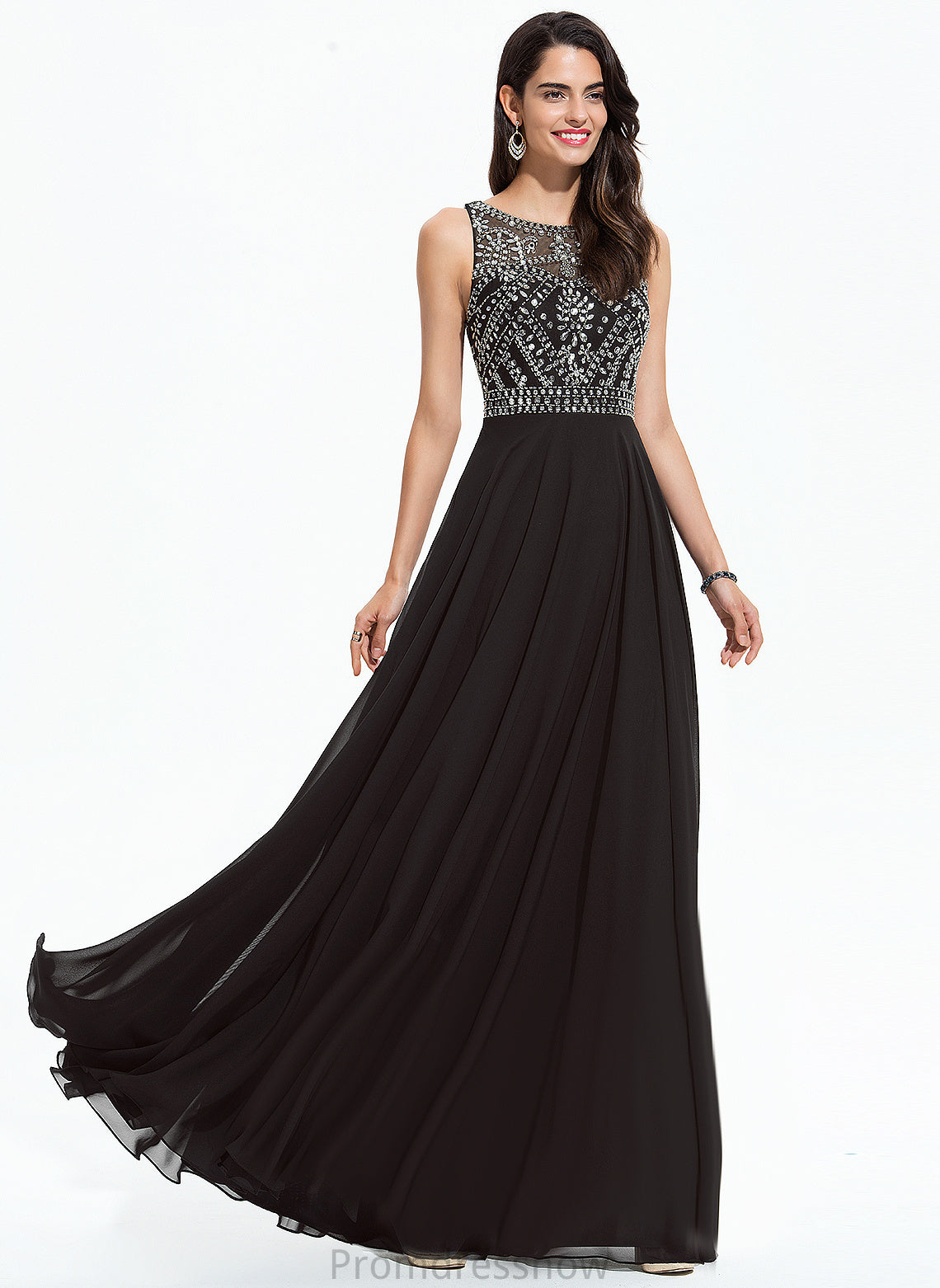 With Floor-Length Prom Dresses Beading Scoop Chiffon Sequins Scarlett A-Line