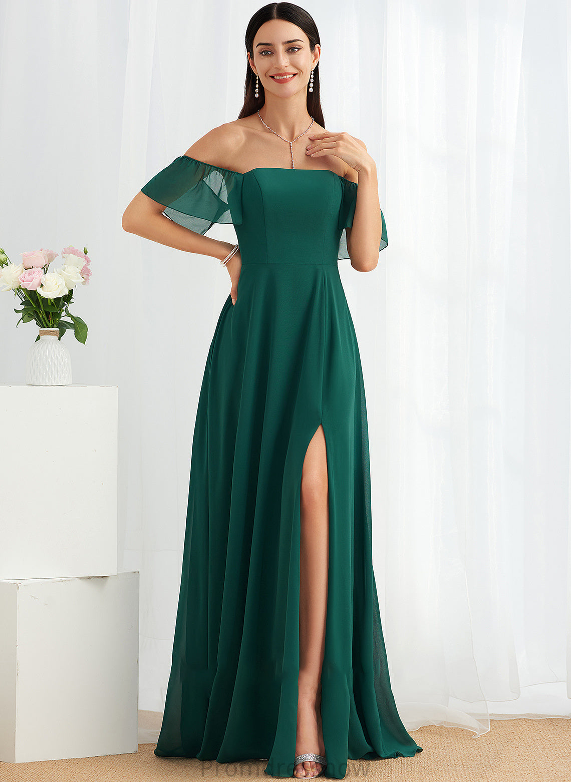 Floor-Length Neckline Length Off-the-Shoulder Embellishment SplitFront Silhouette Fabric A-Line Zaria Sleeveless Floor Length Bridesmaid Dresses