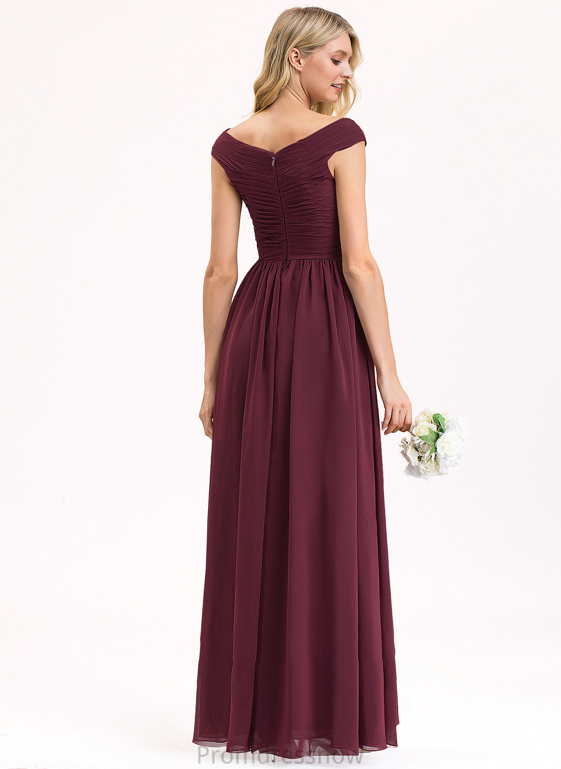 SplitFront Ruffle A-Line Silhouette Floor-Length Off-the-Shoulder Pockets Embellishment Neckline Length Fabric Micaela Bridesmaid Dresses