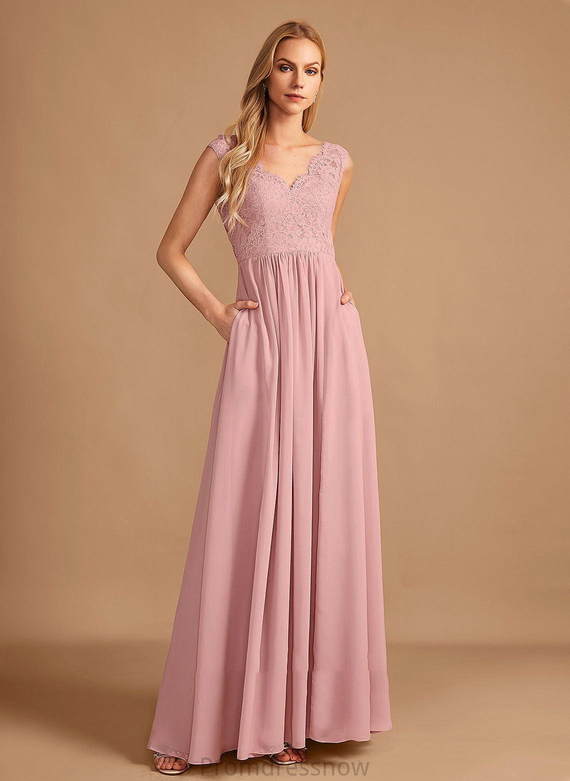 SplitFront Neckline Fabric Length Floor-Length Embellishment Silhouette V-neck A-Line Pockets Elle A-Line/Princess Bridesmaid Dresses