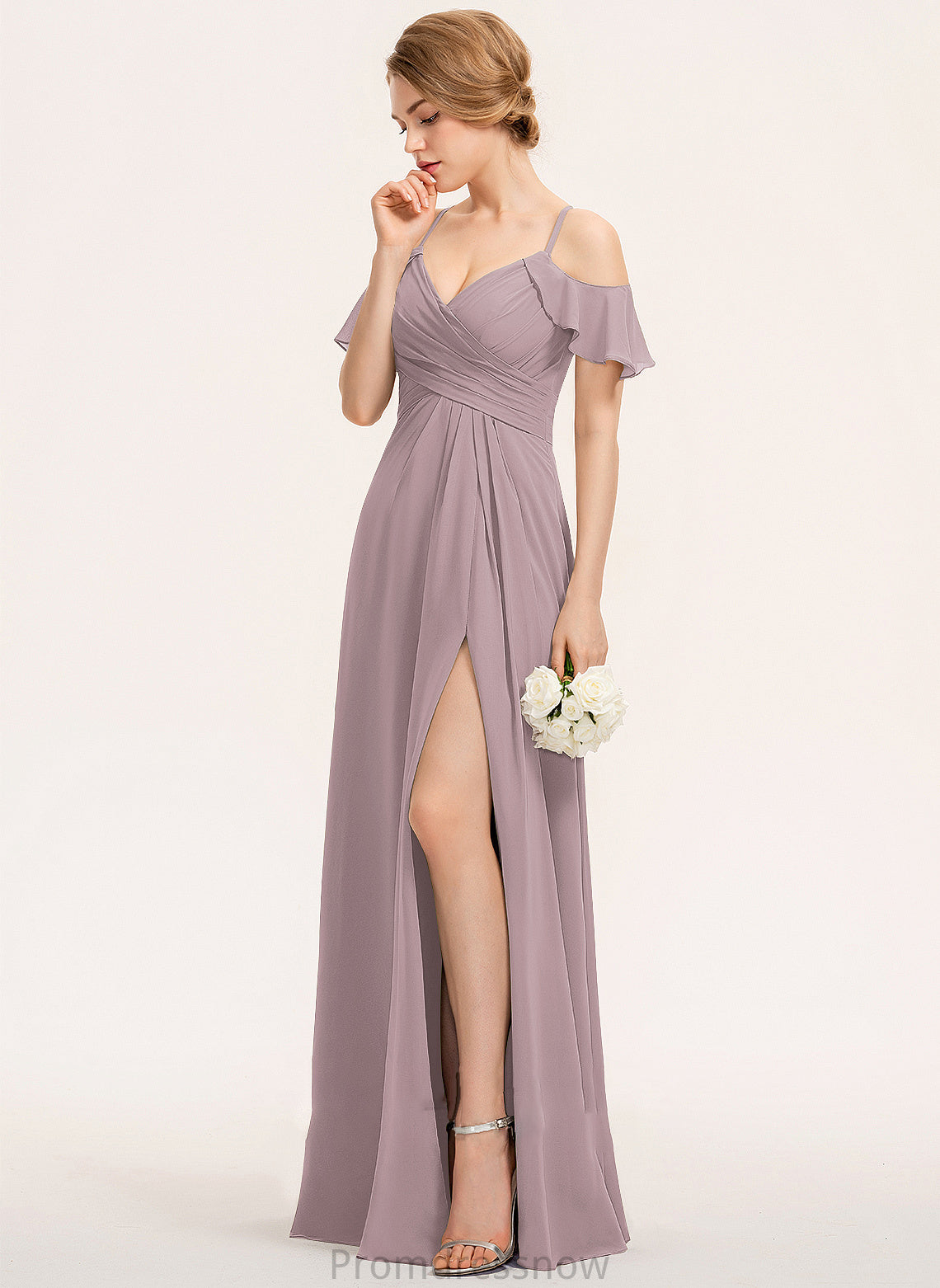 A-Line V-neck Embellishment Ruffle CascadingRuffles Fabric Floor-Length Silhouette SplitFront Length Neckline Adyson Bridesmaid Dresses