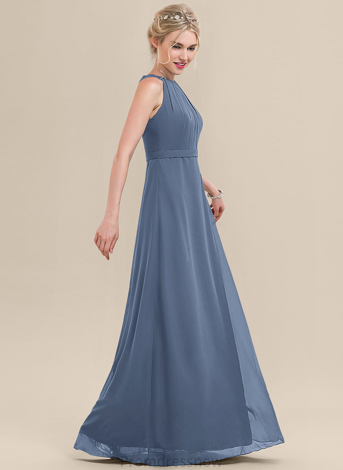 Silhouette Embellishment Length ScoopNeck A-Line Ruffle Neckline Fabric Floor-Length Lorna Sleeveless A-Line/Princess Bridesmaid Dresses