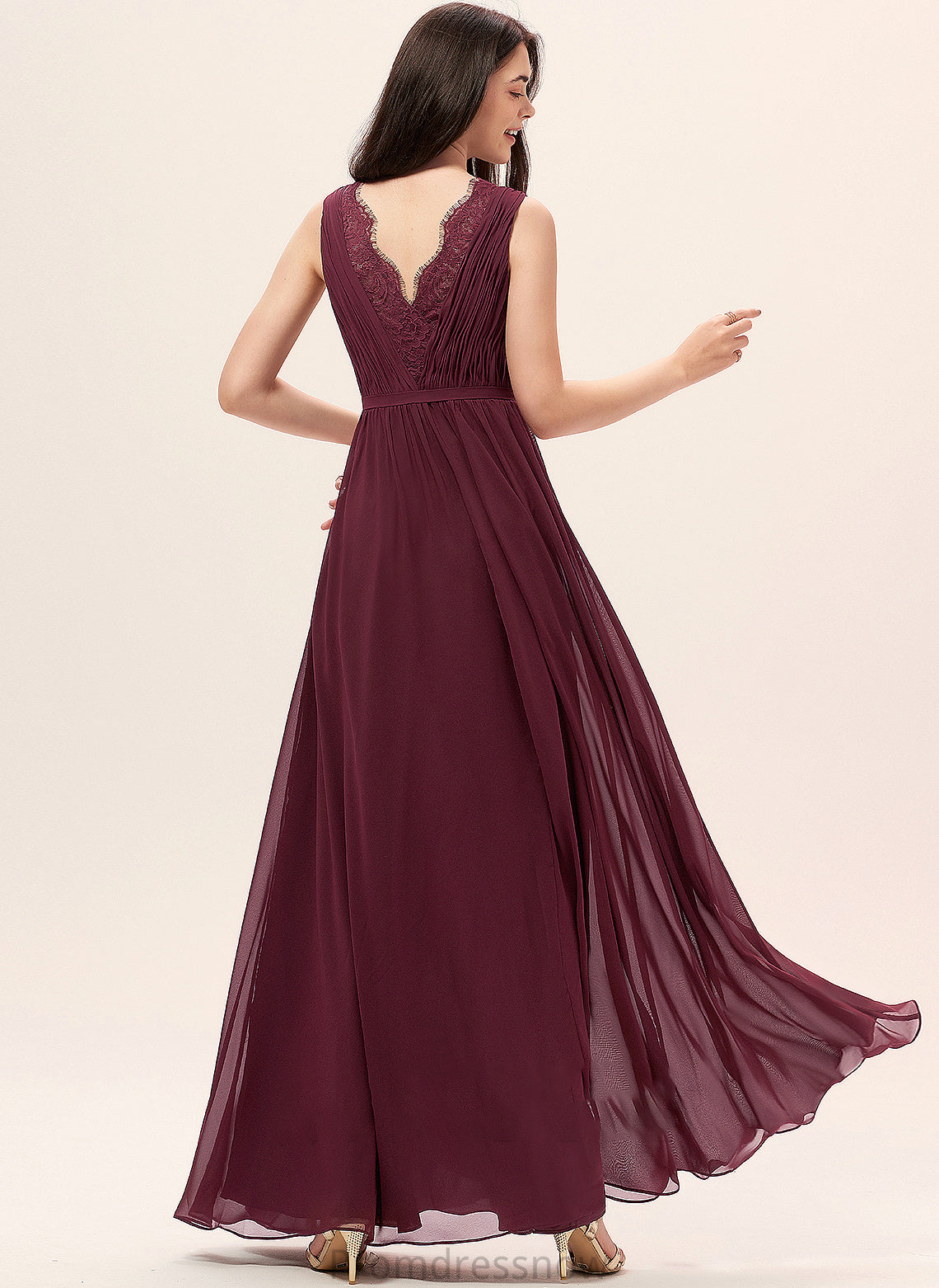 Silhouette Embellishment Ruffle Floor-Length A-Line V-neck Neckline Lace Fabric Length Emmalee Floor Length Bridesmaid Dresses