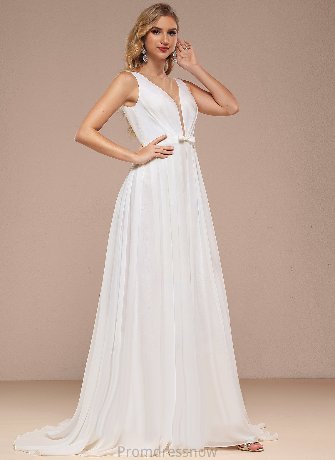 With Bow(s) Dress Sweep A-Line Wedding Dresses Chiffon Lena Wedding Train V-neck