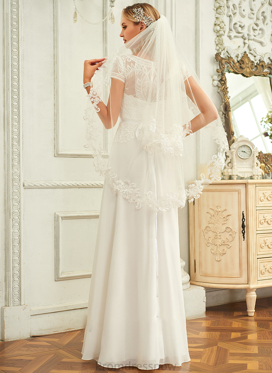 With A-Line Neck Lace Chiffon Wedding Wedding Dresses Floor-Length Daniela Sequins Scoop Dress