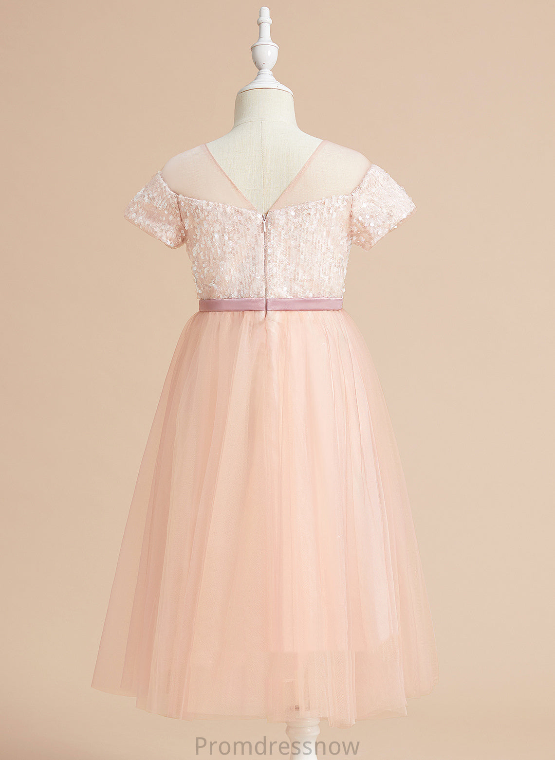 A-Line Tulle Sash/Bow(s) Neck Short Flower Girl Dresses Sleeves - Girl Tea-length Dress Michelle Scoop With Flower