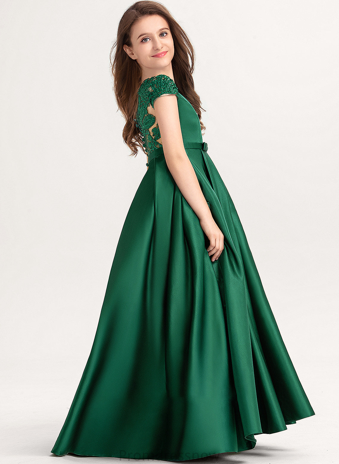 Floor-Length Lace Satin Ball-Gown/Princess Scoop Neck Bow(s) With Junior Bridesmaid Dresses Jean Pockets