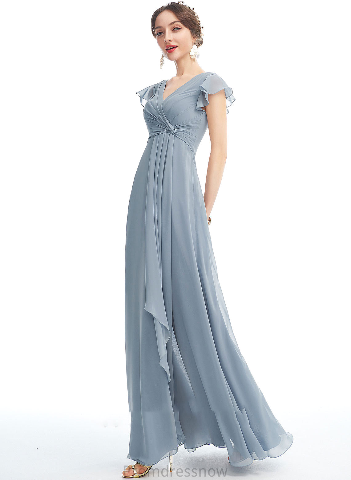 Fabric V-neck Ruffle Length Silhouette Floor-Length A-Line SplitFront Embellishment Neckline Jada Floor Length Bridesmaid Dresses