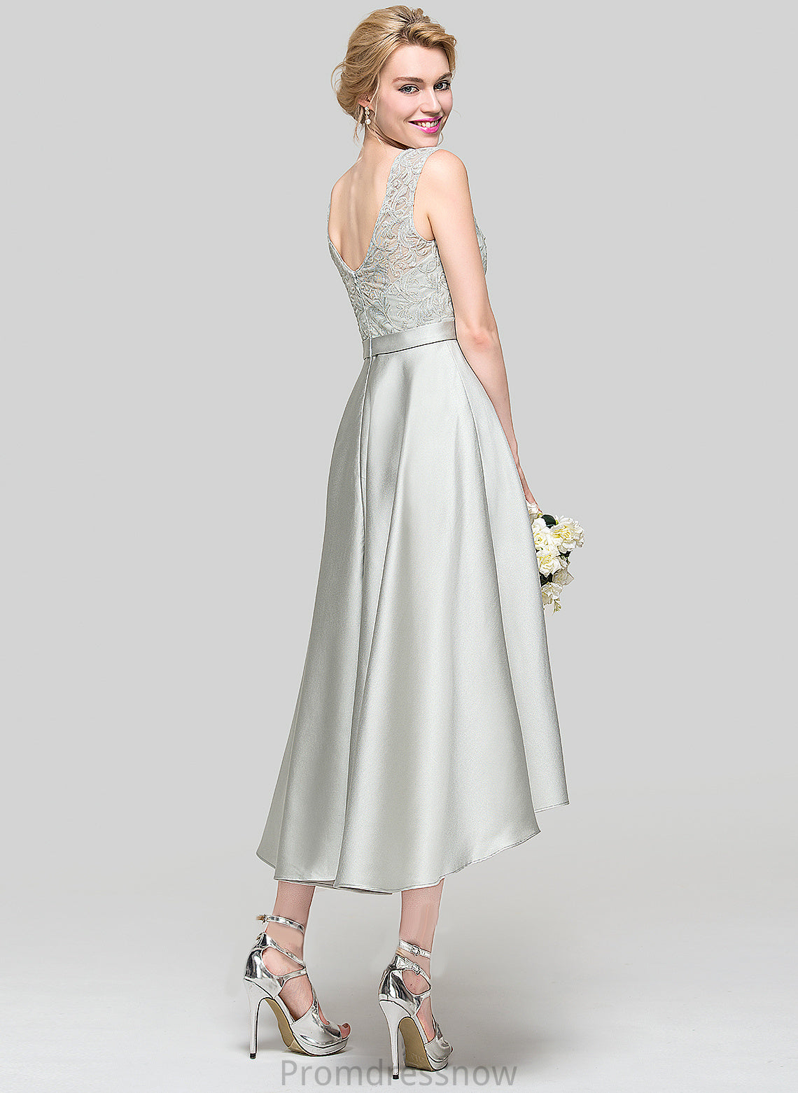 Fabric Satin Straps Asymmetrical Lace Silhouette ScoopNeck Neckline Length A-Line Judith Sleeveless Bridesmaid Dresses