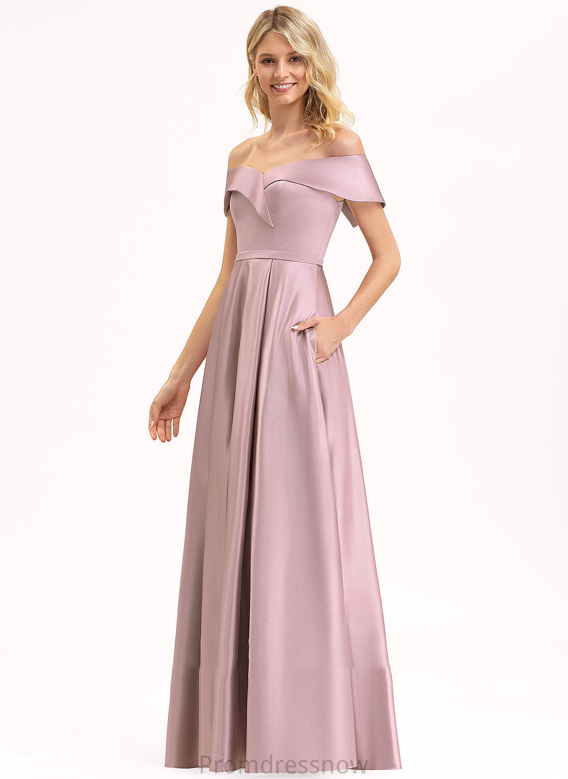 Neckline Off-the-Shoulder Fabric Length Pockets Silhouette Floor-Length A-Line Embellishment Lesley Sleeveless Floor Length Bridesmaid Dresses