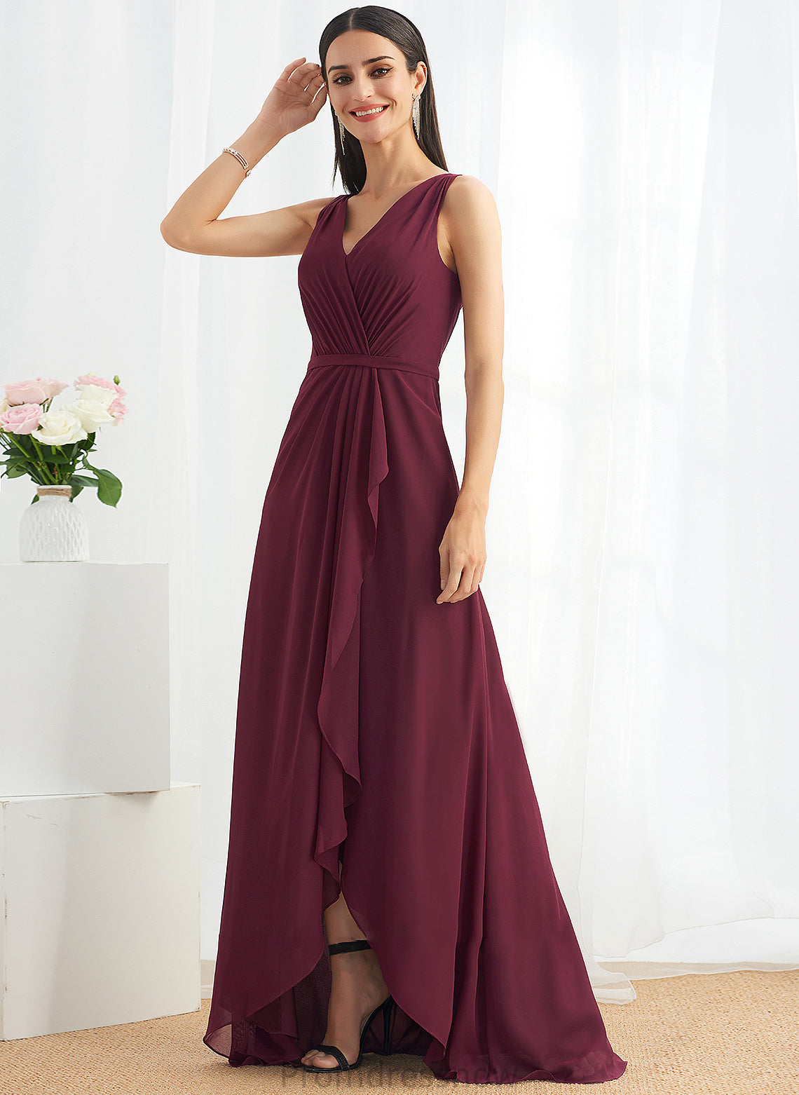 Fabric Length Embellishment Asymmetrical V-neck A-Line SplitFront Silhouette Neckline Callie A-Line/Princess Sleeveless Bridesmaid Dresses