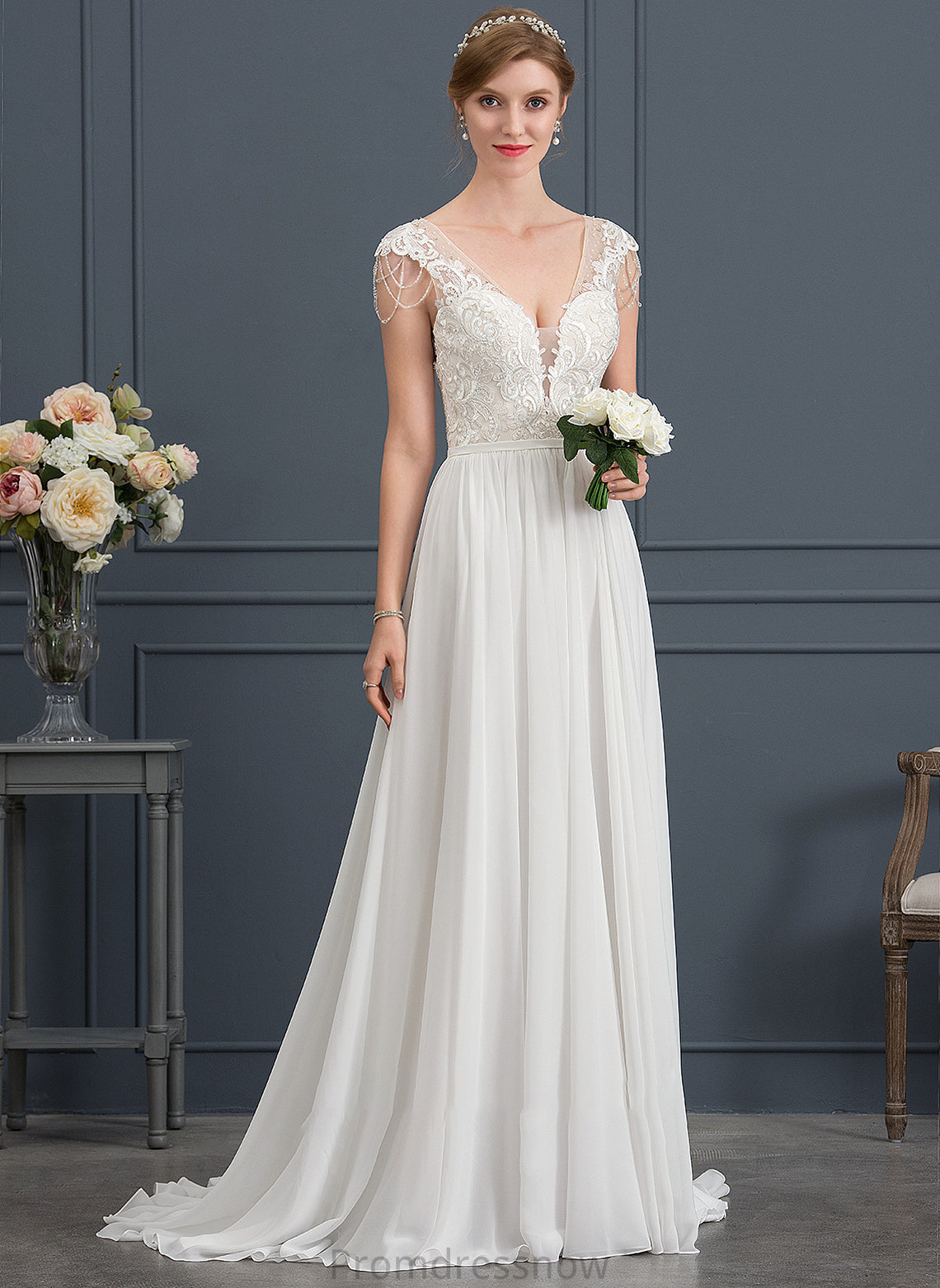 With Sequins Chiffon Wedding A-Line Sweep Beading Mylie V-neck Dress Train Wedding Dresses