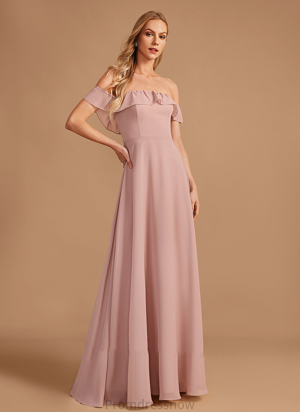 Floor-Length Neckline Ruffle Fabric Off-the-Shoulder Length A-Line Silhouette Embellishment Mira A-Line/Princess Natural Waist Bridesmaid Dresses