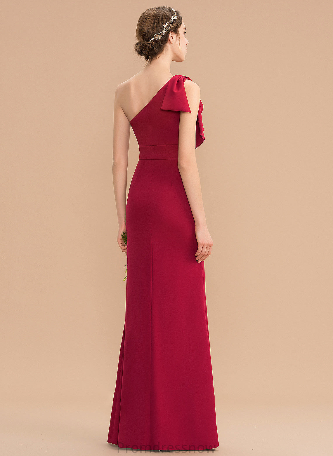 SplitFront Embellishment Silhouette One-Shoulder Fabric Neckline Length Floor-Length Sheath/Column Laurel Sleeveless Natural Waist Bridesmaid Dresses