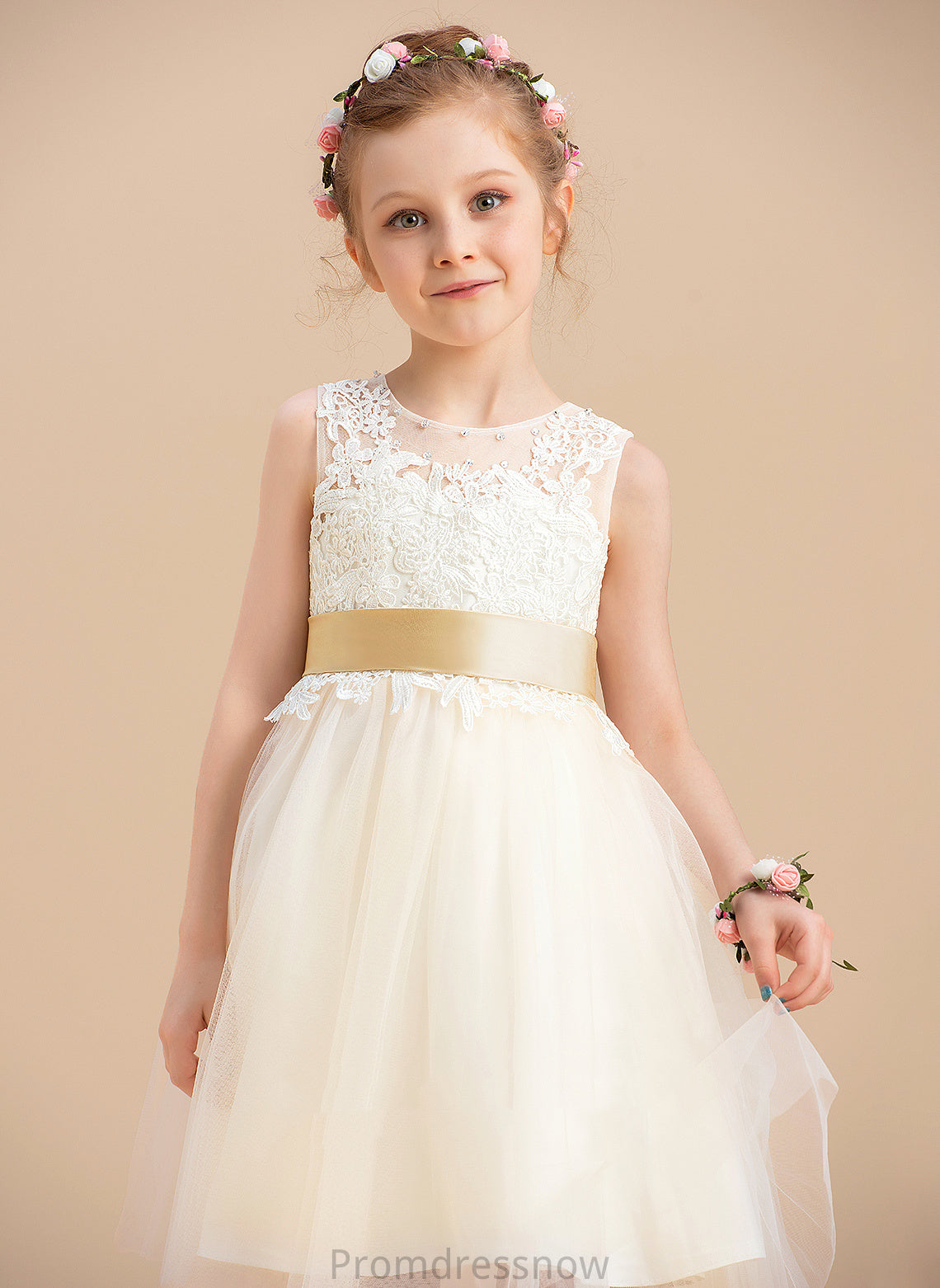 A-Line With Dress Knee-length Anastasia Sleeveless Sash/Beading/Back Flower Neck sash) (Detachable Scoop - Girl Flower Girl Dresses Tulle/Lace Hole