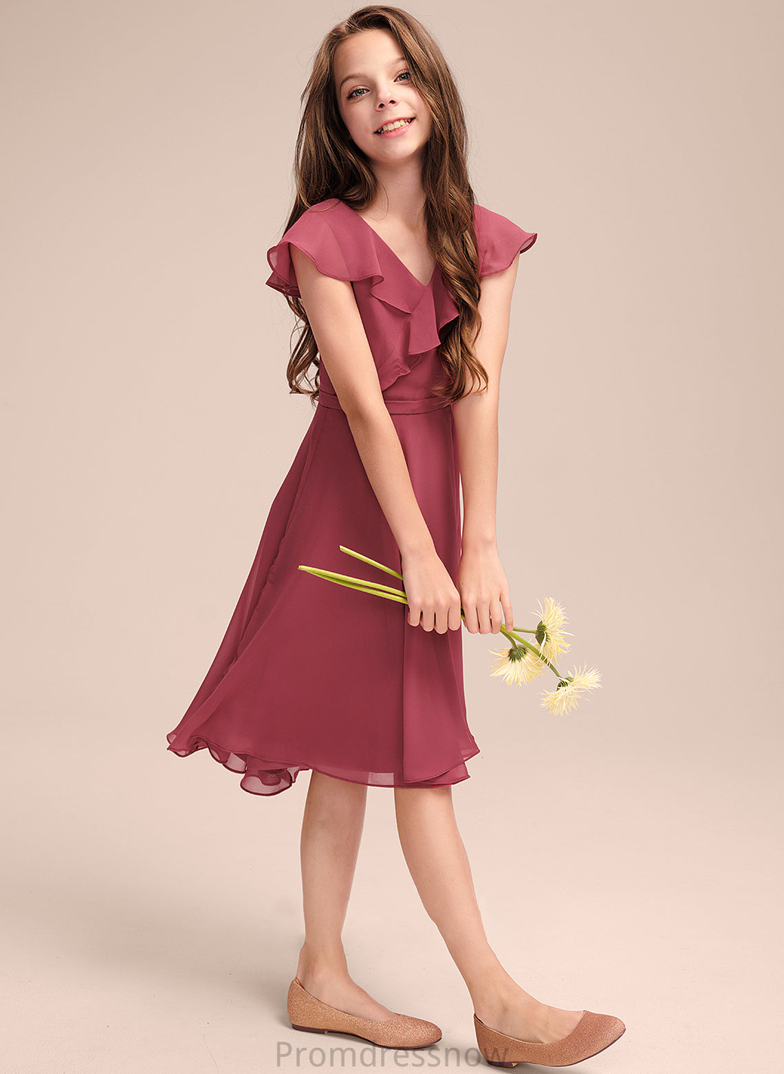 Ashleigh Asymmetrical Junior Bridesmaid Dresses V-neck A-Line With Chiffon Cascading Ruffles