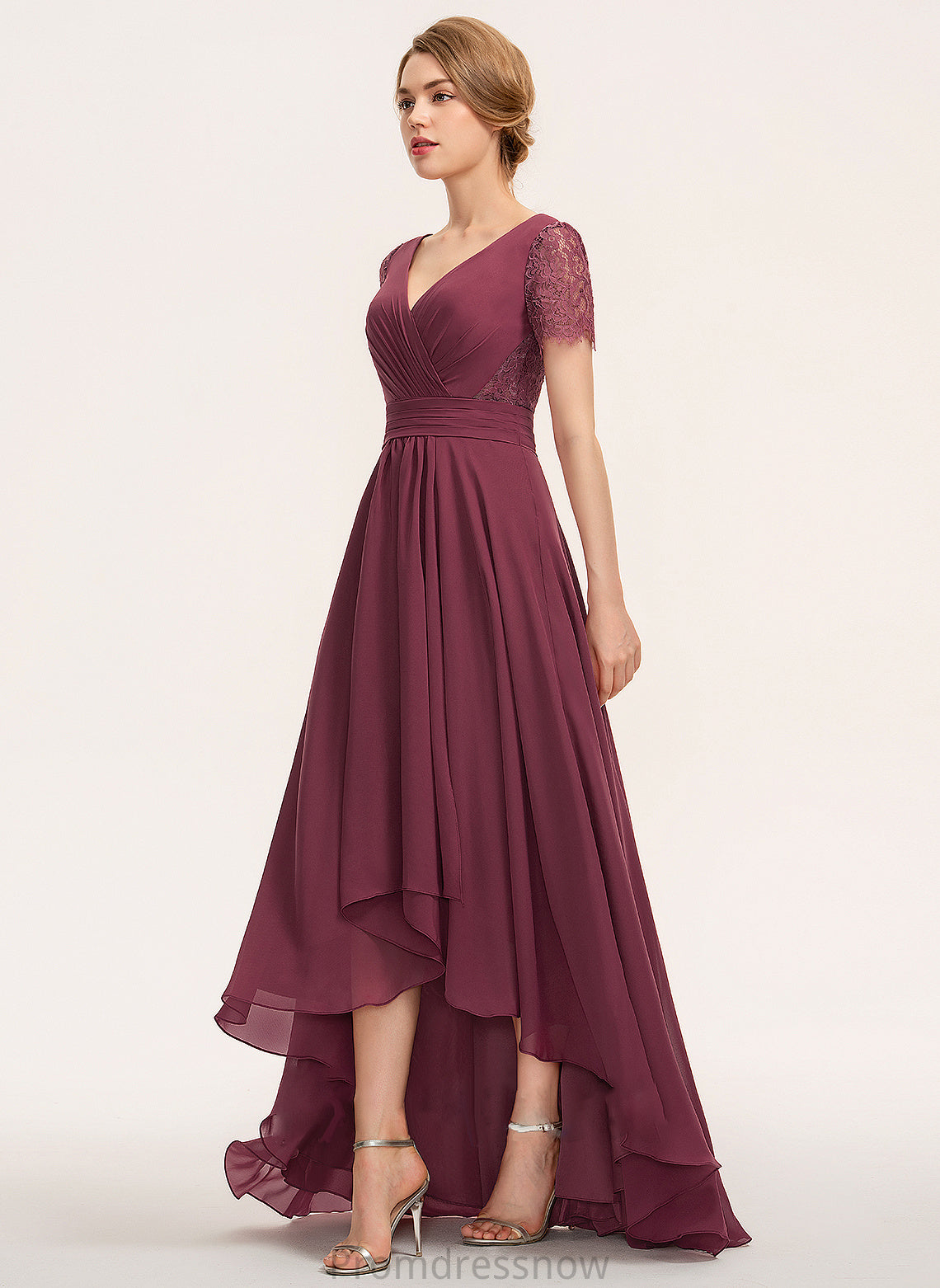 Ruffle Silhouette V-neck Fabric A-Line Embellishment Neckline Length Asymmetrical Aria Natural Waist Sleeveless Bridesmaid Dresses