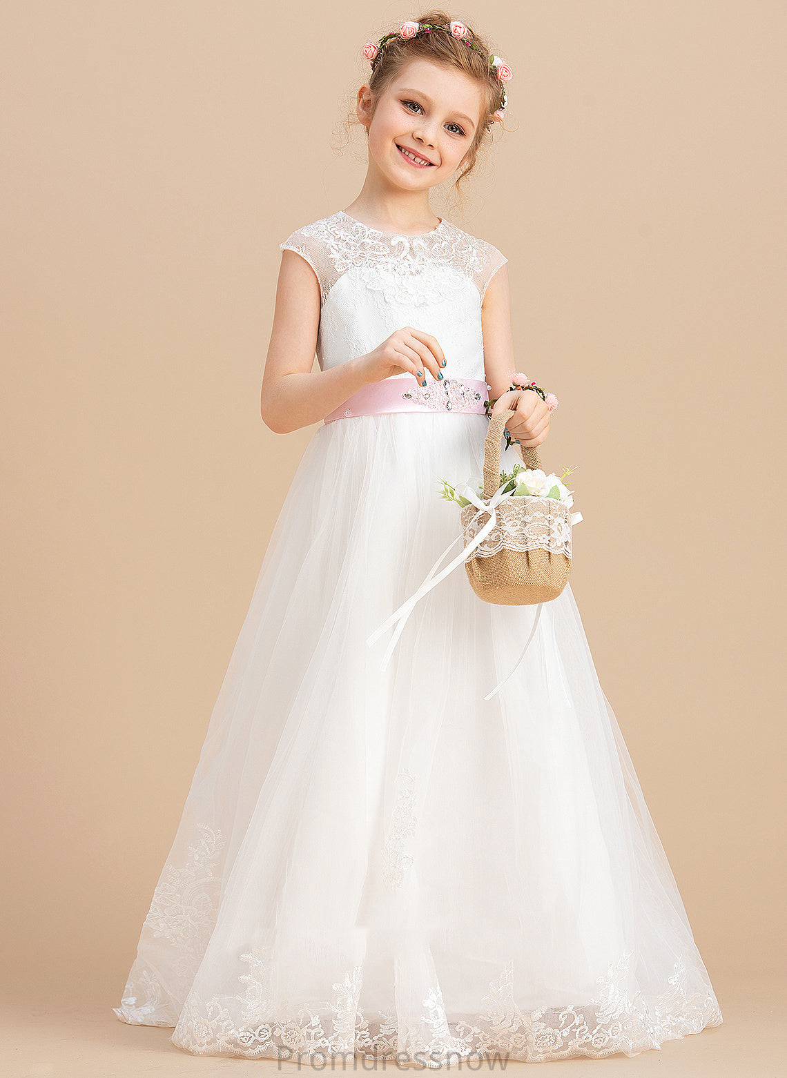 (Petticoat Scoop Tulle/Lace included) Caitlyn NOT Girl Flower - Sleeveless With Floor-length Ball-Gown/Princess Flower Girl Dresses Dress Neck Sash/Beading/Appliques/Bow(s)