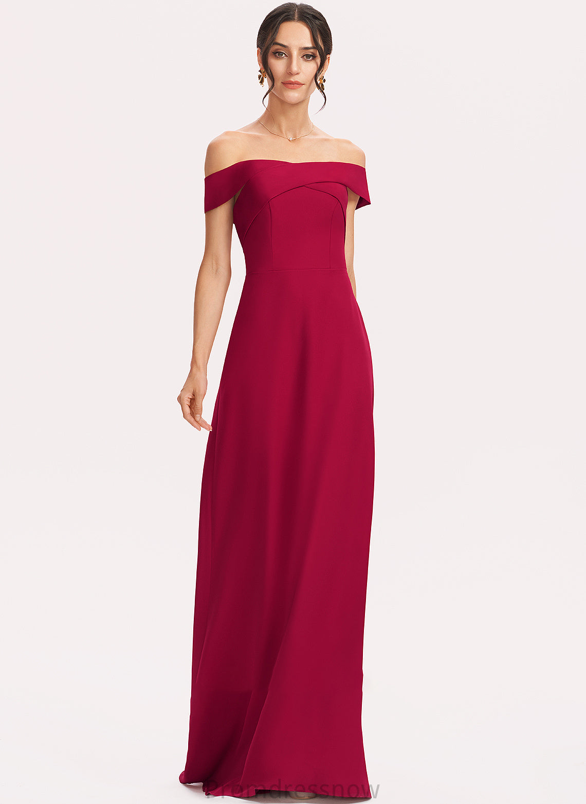 Embellishment Off-the-Shoulder Floor-Length Ruffle Fabric Length Neckline Sheath/Column Silhouette Brenda Natural Waist Sleeveless Bridesmaid Dresses