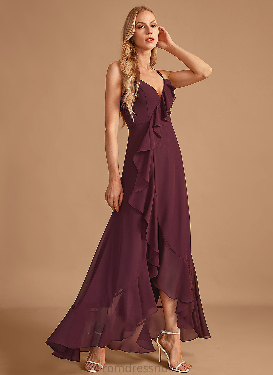 V-neck Embellishment Neckline Length Silhouette SplitFront A-Line Asymmetrical Ruffle Fabric Lyric Scoop Bridesmaid Dresses