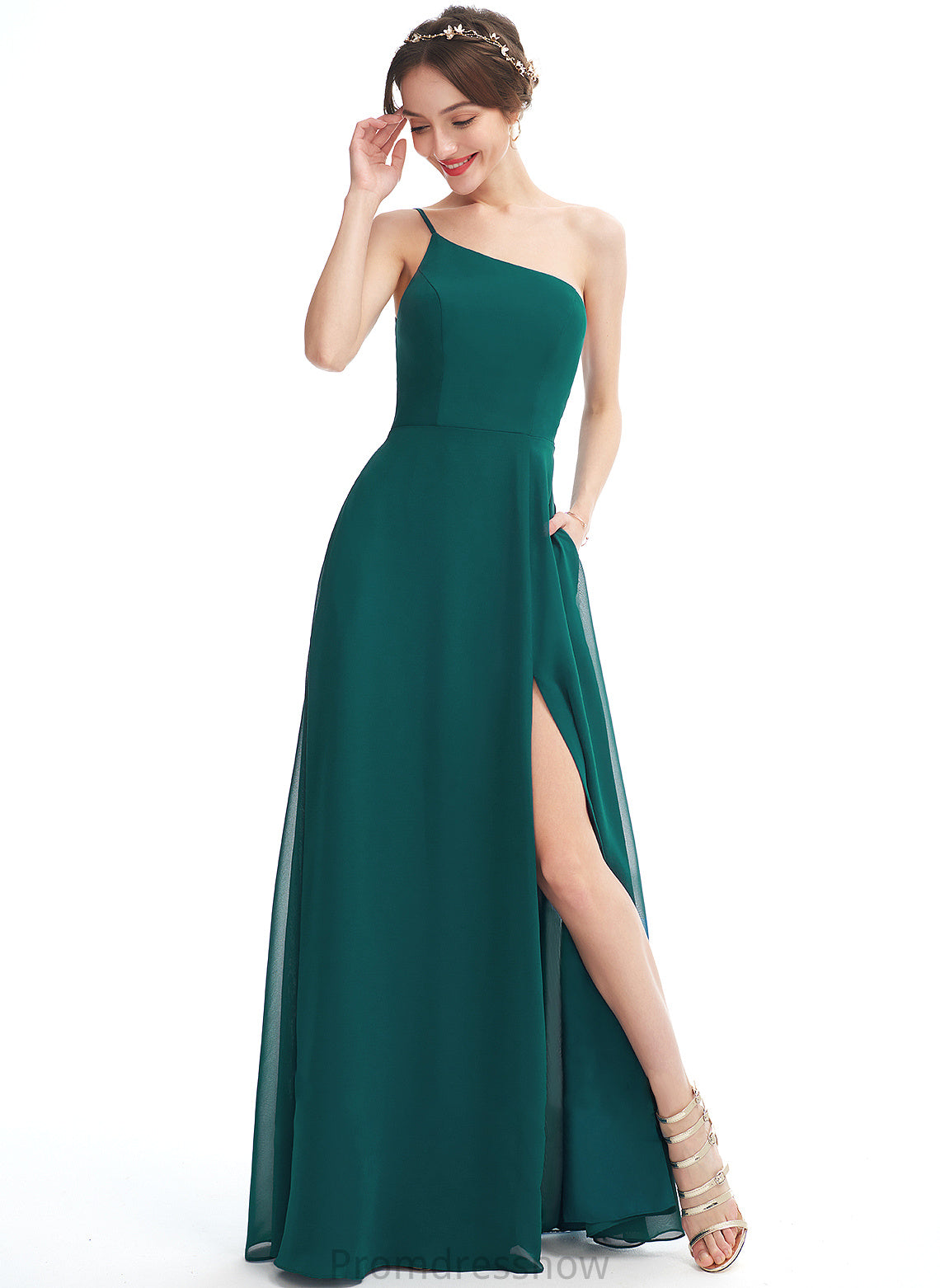 Floor-Length Neckline SplitFront Embellishment One-Shoulder Silhouette A-Line Pockets Fabric Length Thea Sleeveless Bridesmaid Dresses