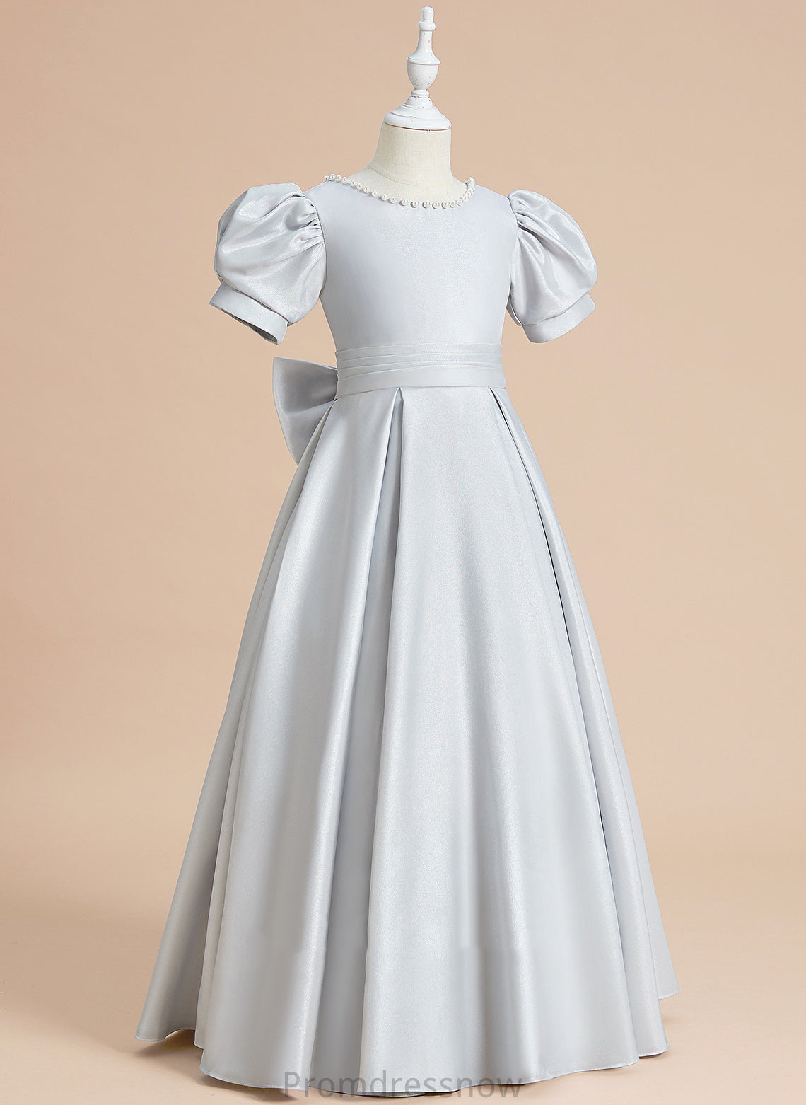 Ball-Gown/Princess Floor-length - Scoop With Neck Kara Bow(s) Satin Flower Girl Dresses Girl Sleeves Flower Short Dress