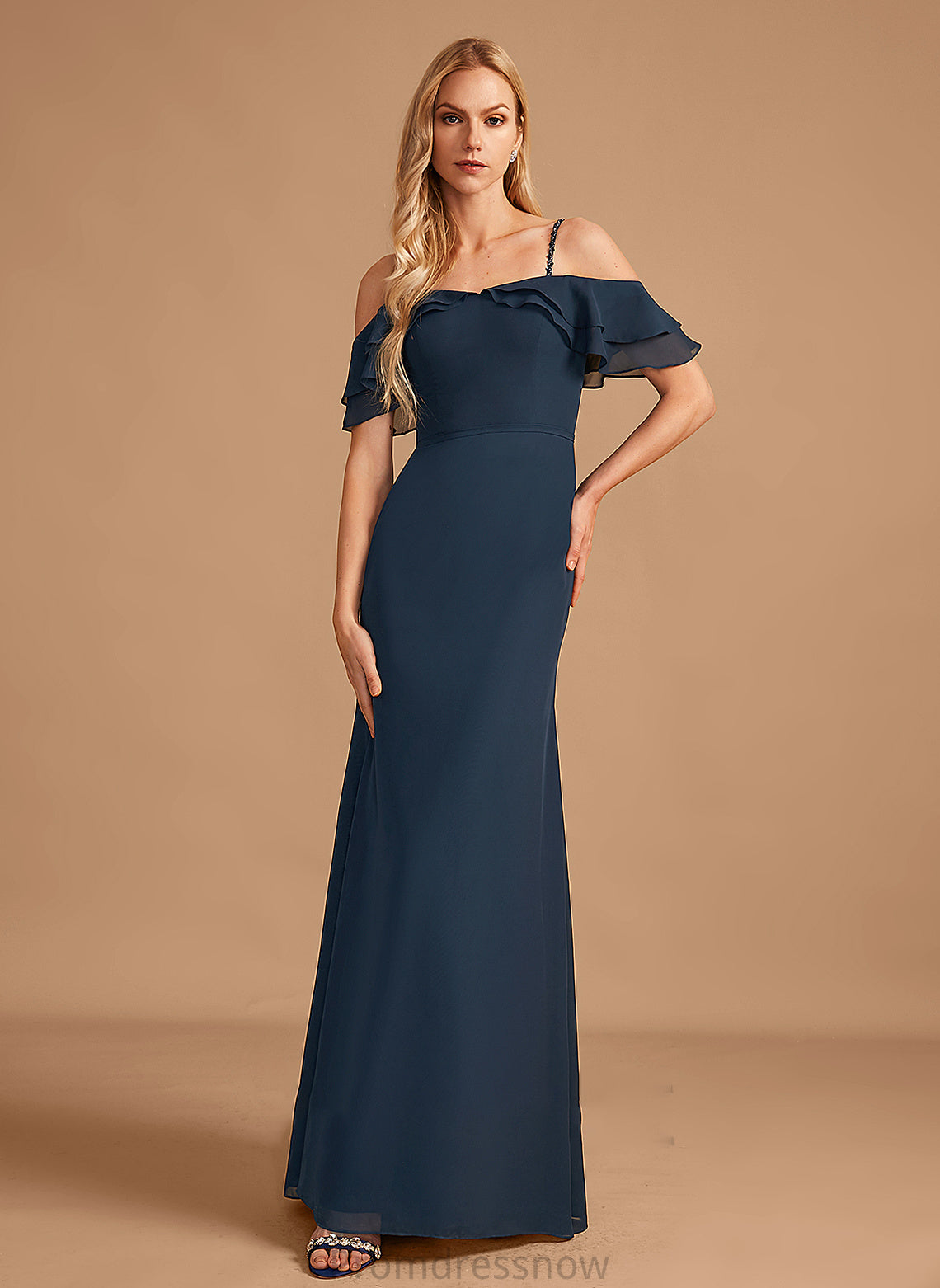 Silhouette Fabric Sheath/Column Embellishment Beading Floor-Length Off-the-Shoulder Neckline Length Ruffle Kinsley V-Neck Bridesmaid Dresses