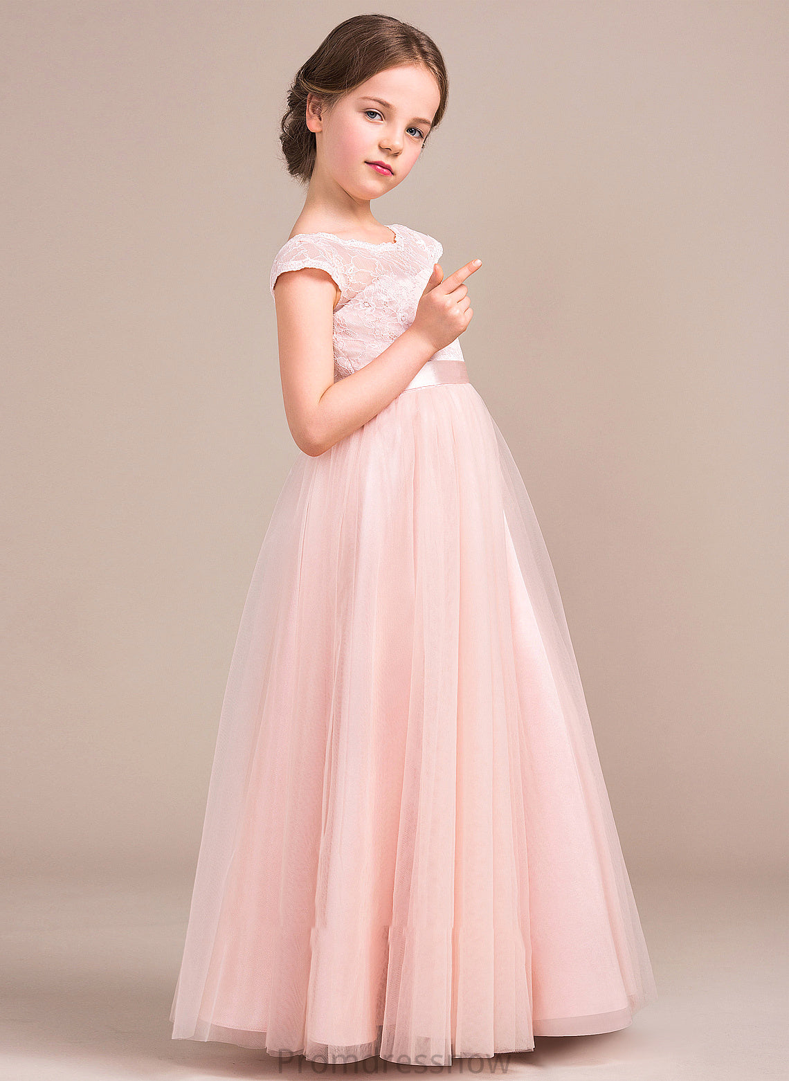 With Scoop Bow(s) A-Line Tulle Parker Floor-Length Lace Neck Junior Bridesmaid Dresses