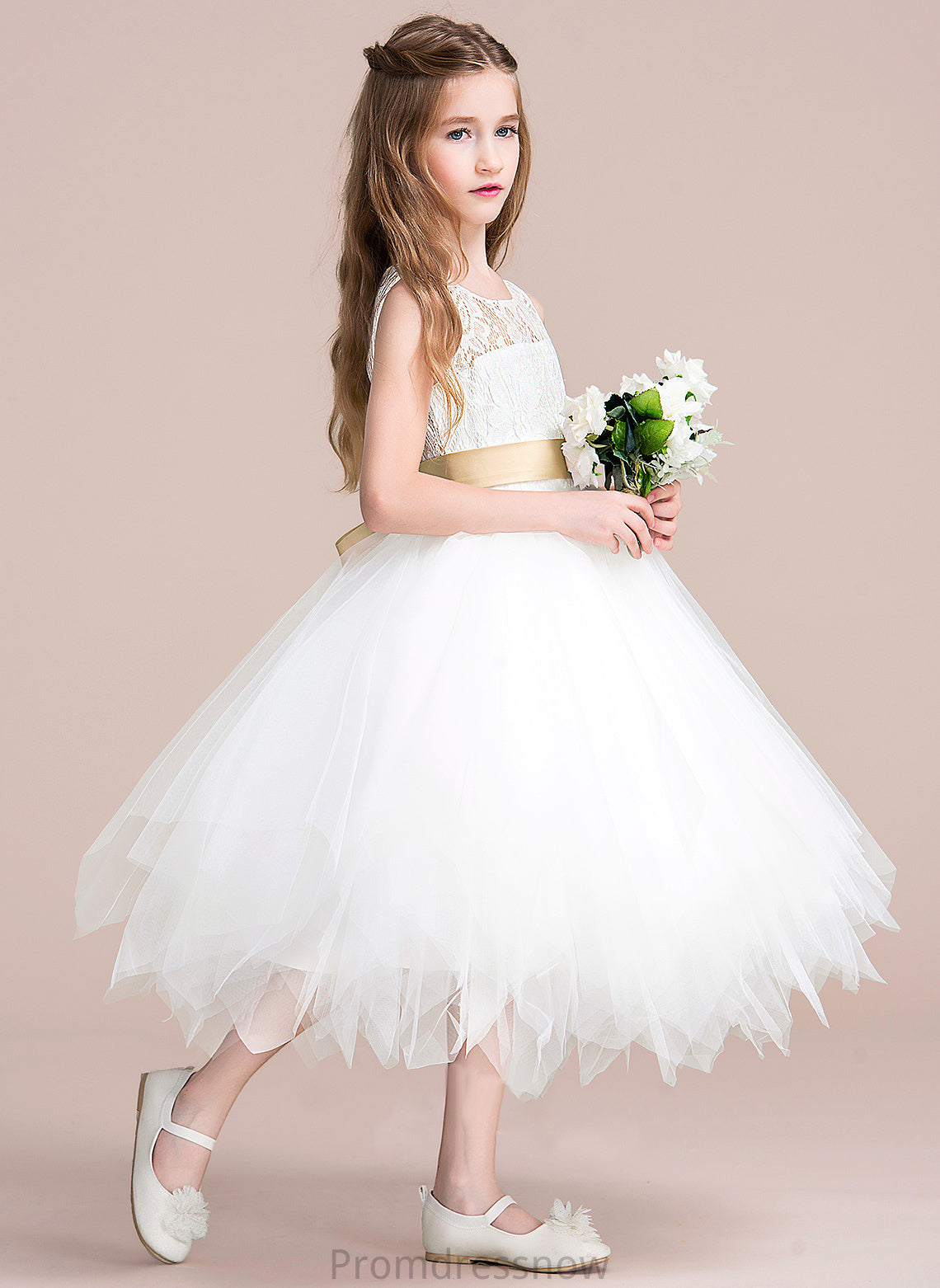 Tulle/Lace Virginia Dress With sash) Sleeveless Girl Tea-length (Detachable Hole Flower Girl Dresses Sash/Back A-Line - Scoop Flower Neck