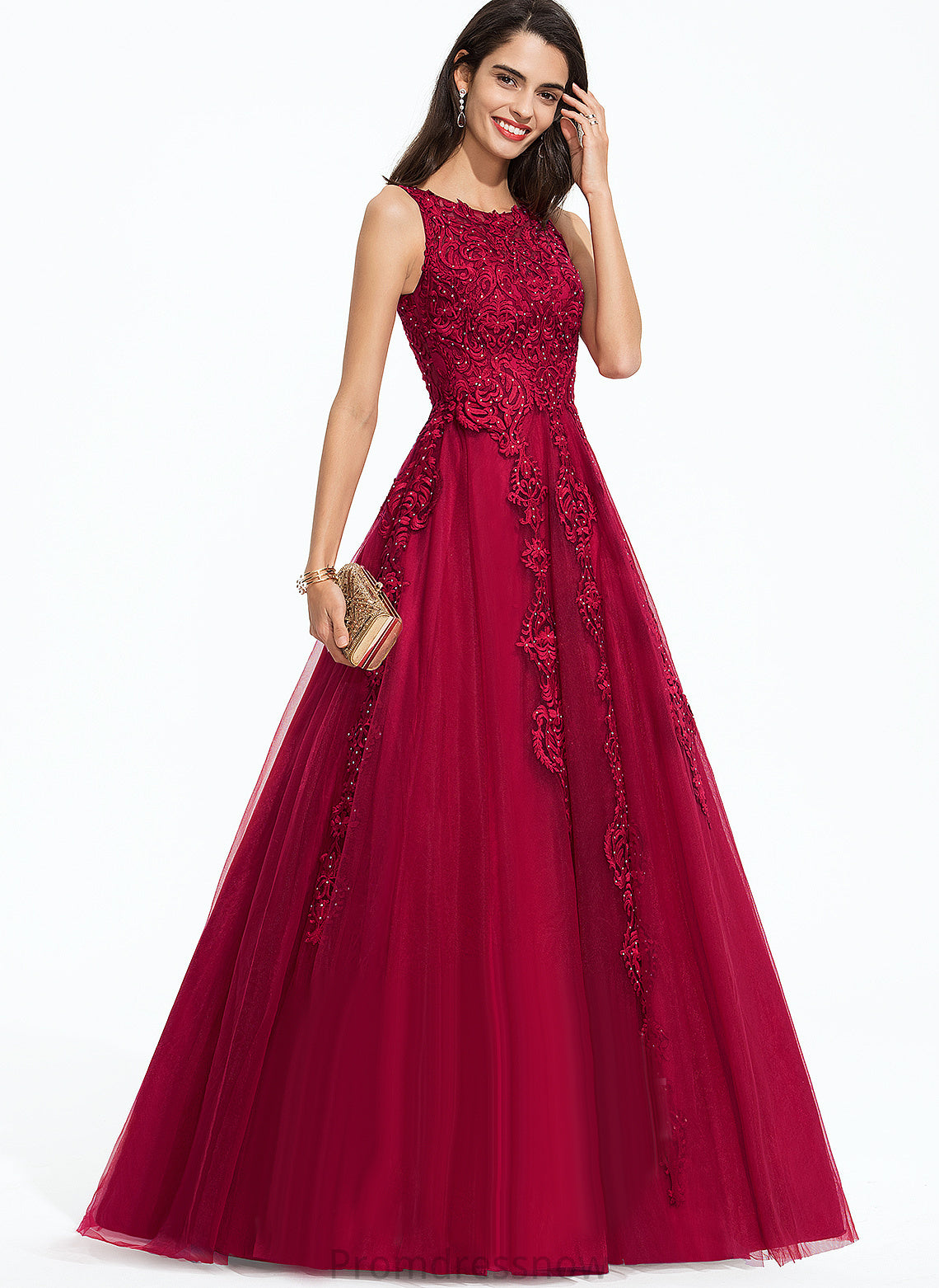 With Deborah Lace Beading Tulle Ball-Gown/Princess Train Sweep Prom Dresses Scoop