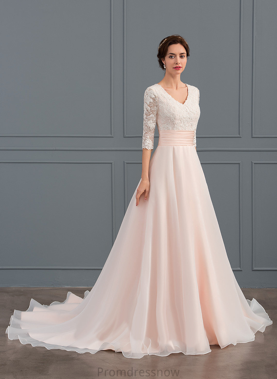 With V-neck Train Court Wedding Dresses Laci Lace Ball-Gown/Princess Organza Wedding Dress Ruffle