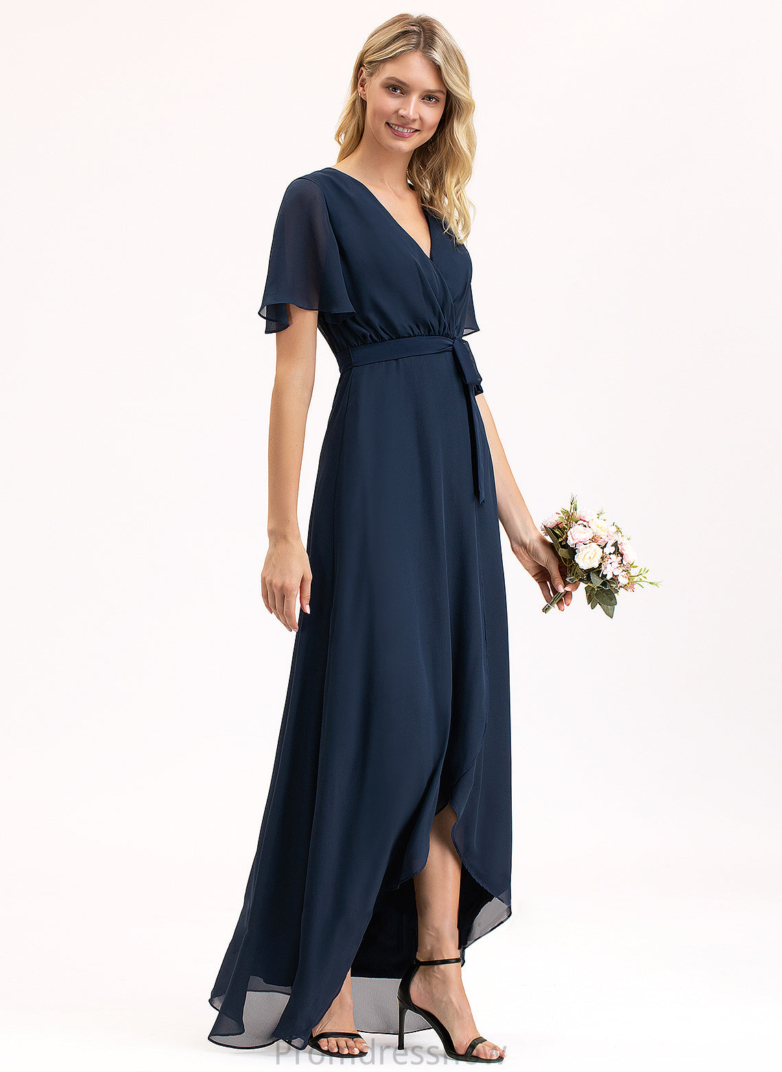 Length Asymmetrical A-Line Embellishment Fabric Neckline V-neck Silhouette Bow(s) Elsa Floor Length Natural Waist Bridesmaid Dresses