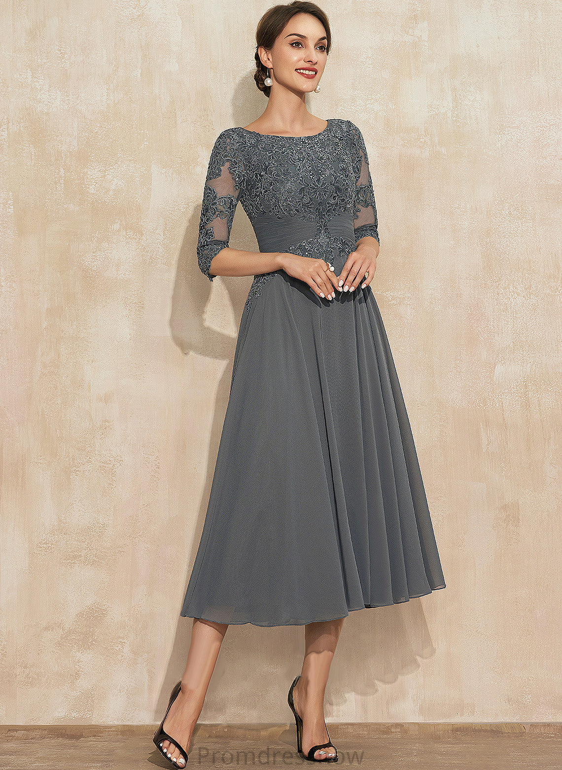 With Scoop A-Line Neck of Tea-Length Marlee Bride Lace Sequins Chiffon Dress the Mother of the Bride Dresses Mother