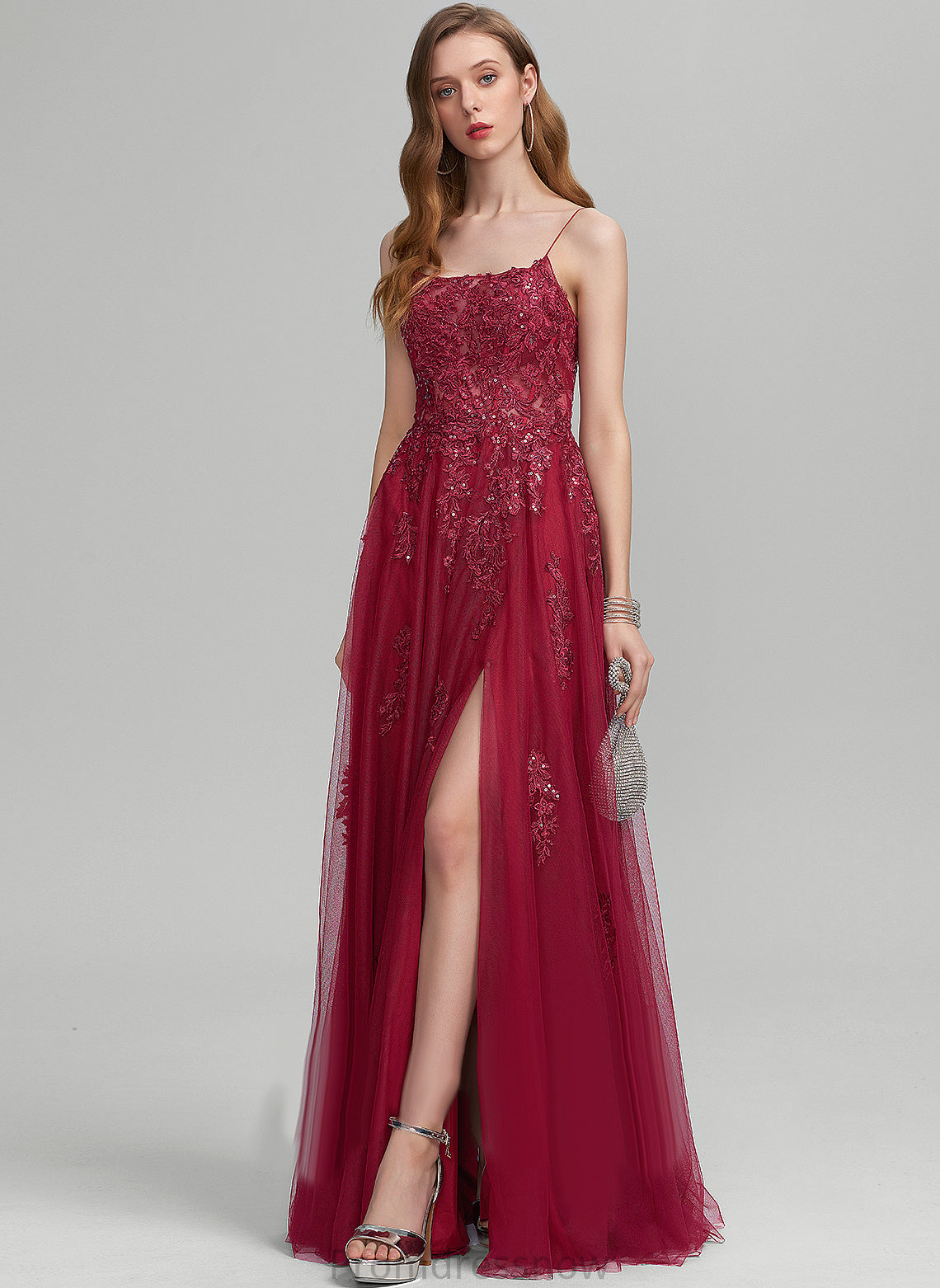 With Prom Dresses Lace A-Line Square Sequins Tulle Annika Floor-Length