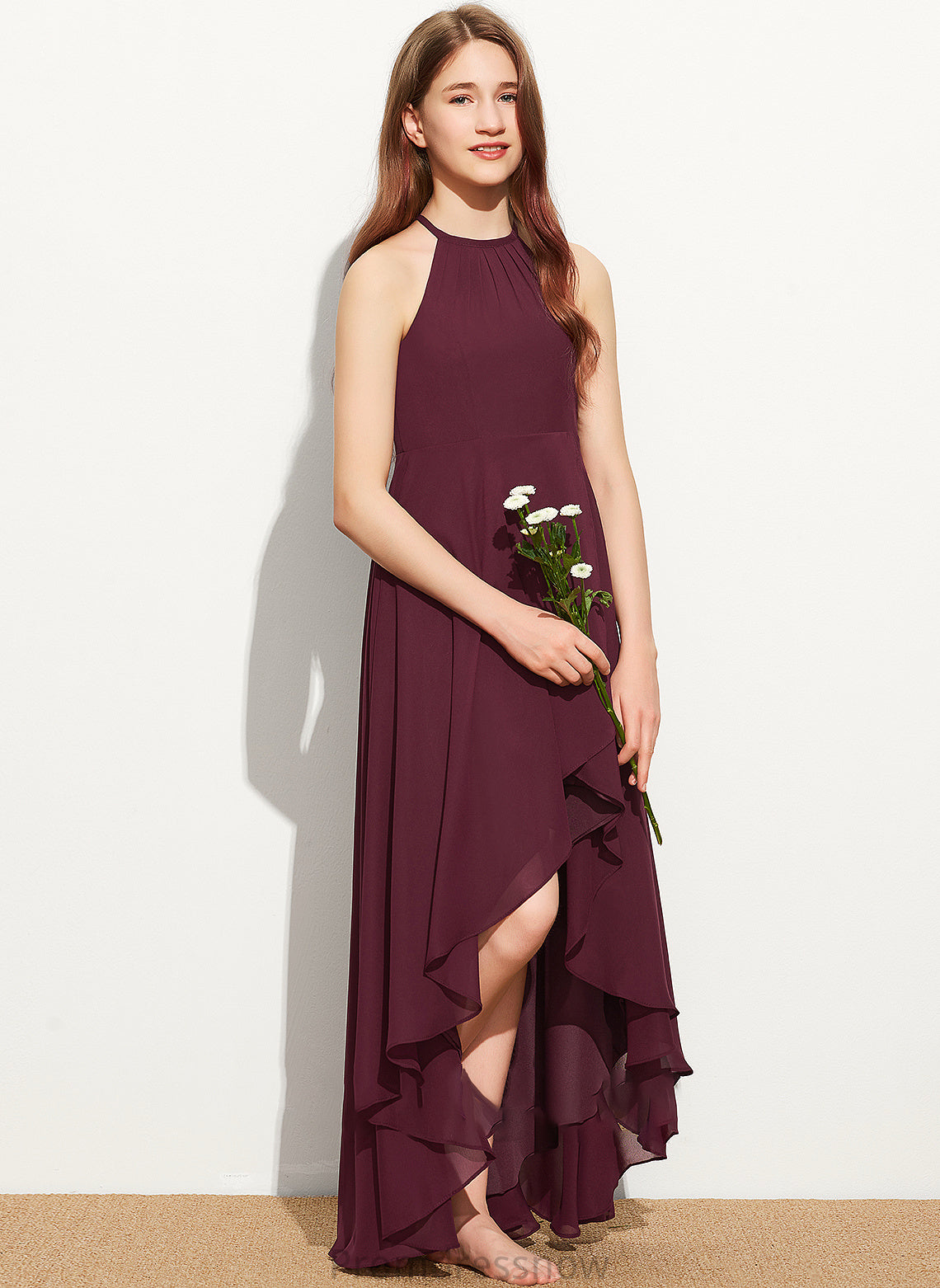 A-Line Ruffle Junior Bridesmaid Dresses Asymmetrical With Cameron Scoop Chiffon Neck