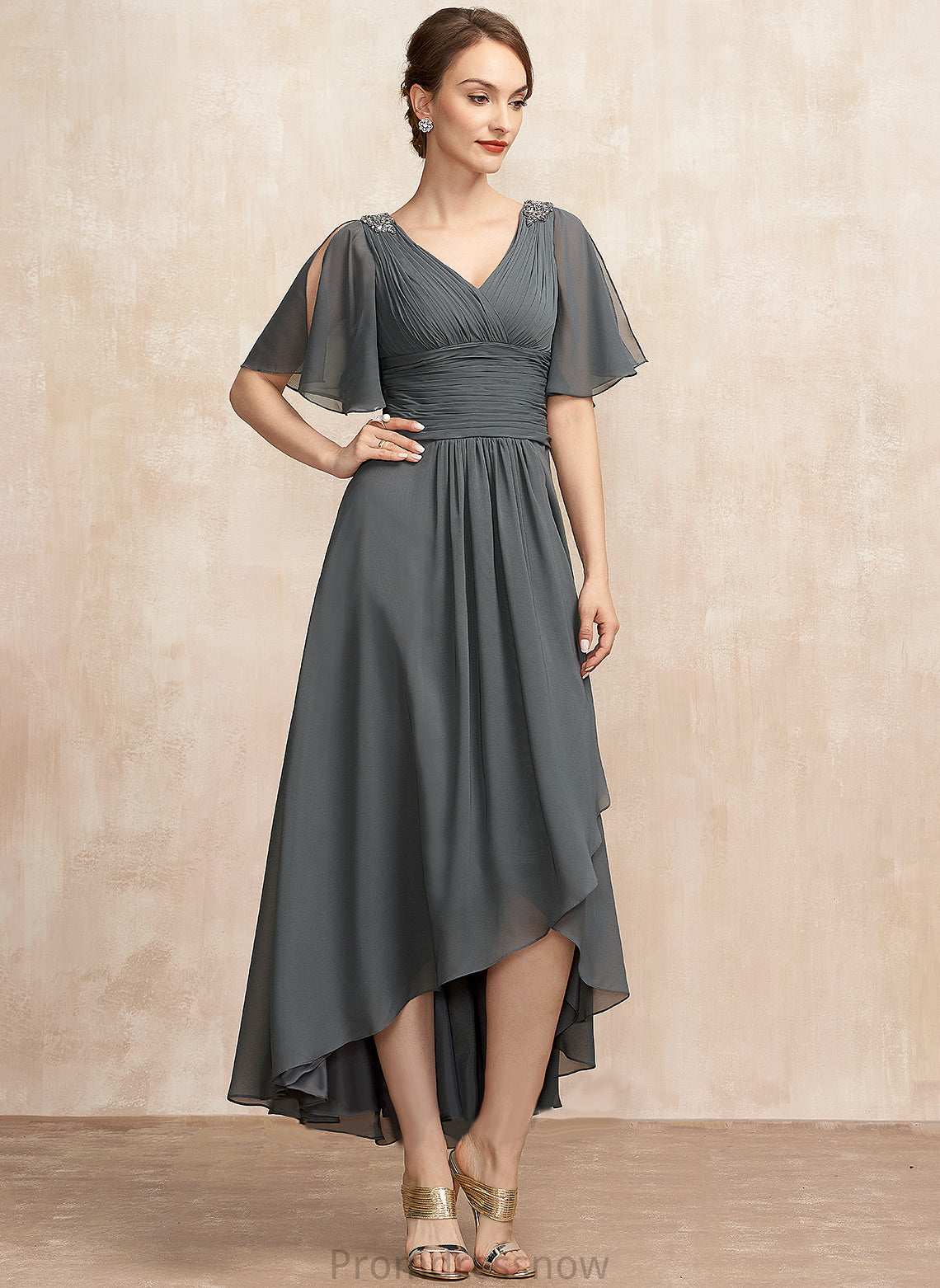 With Mother Beading Bride A-Line of Ruffle Asymmetrical Dress Mother of the Bride Dresses Chiffon the V-neck Marina