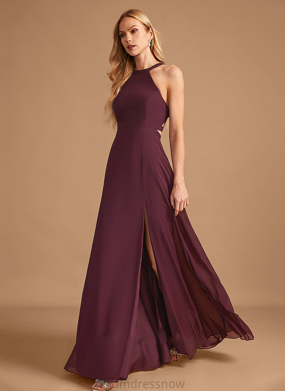 Floor-Length SplitFront Embellishment Length HighNeck Fabric Neckline Silhouette A-Line Thirza Straps Sleeveless Bridesmaid Dresses