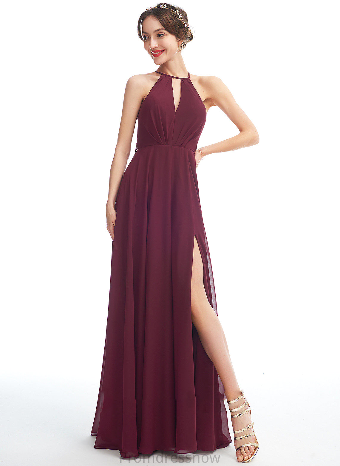 SplitFront Embellishment Length A-Line Halter Floor-Length Neckline Fabric Silhouette Jaslyn Spaghetti Staps Sleeveless Bridesmaid Dresses